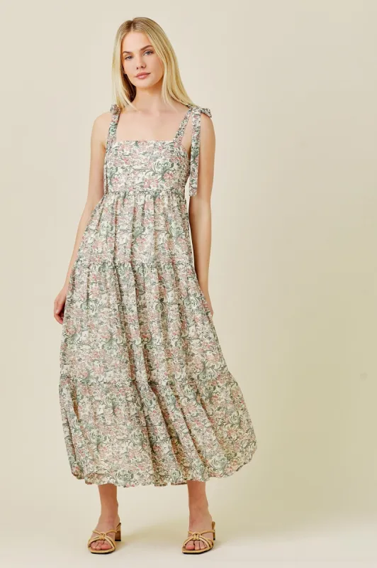 Cream Floral Shoulder Tie Tiered Maxi Dress sold by Pinkblush