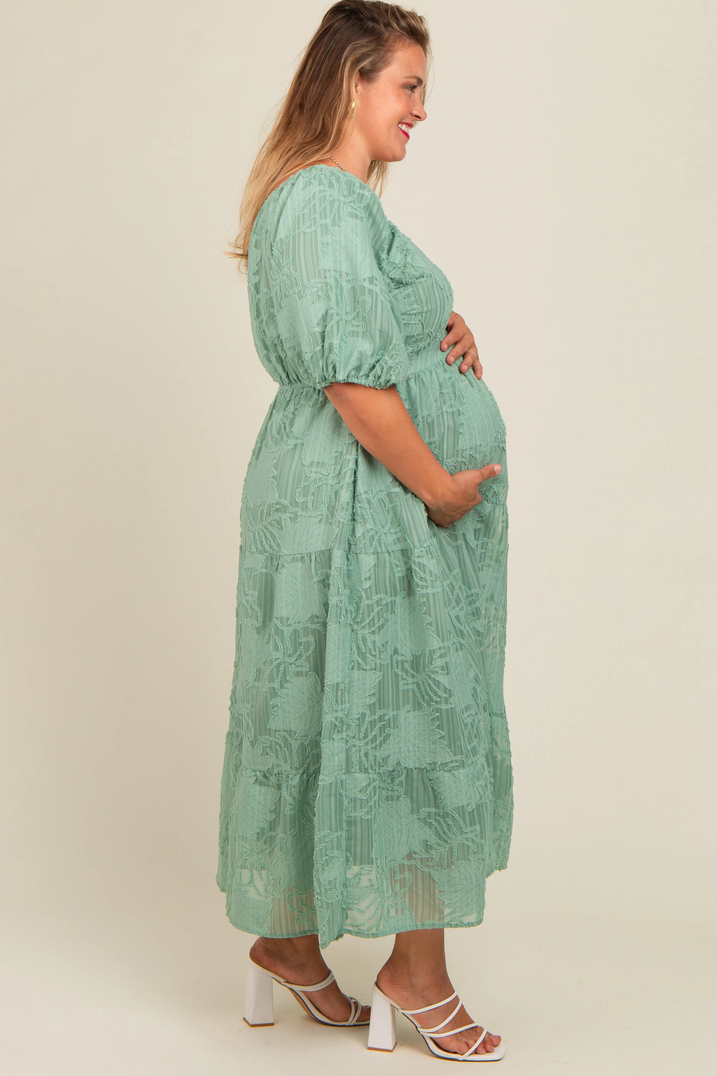 Light Olive Embroidered Leaf Print Striped Maternity Plus Maxi Dress sold by Pinkblush product image thumbnail 3