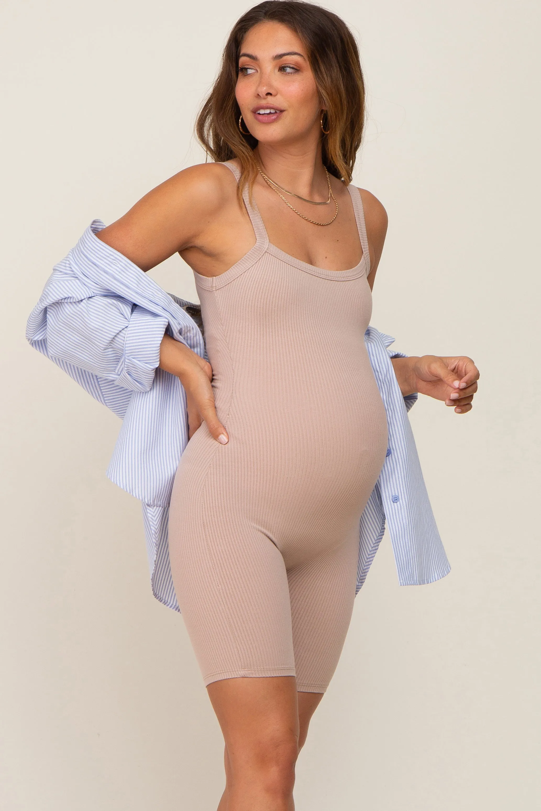 Taupe Ribbed Bodycon Maternity Romper sold by Pinkblush