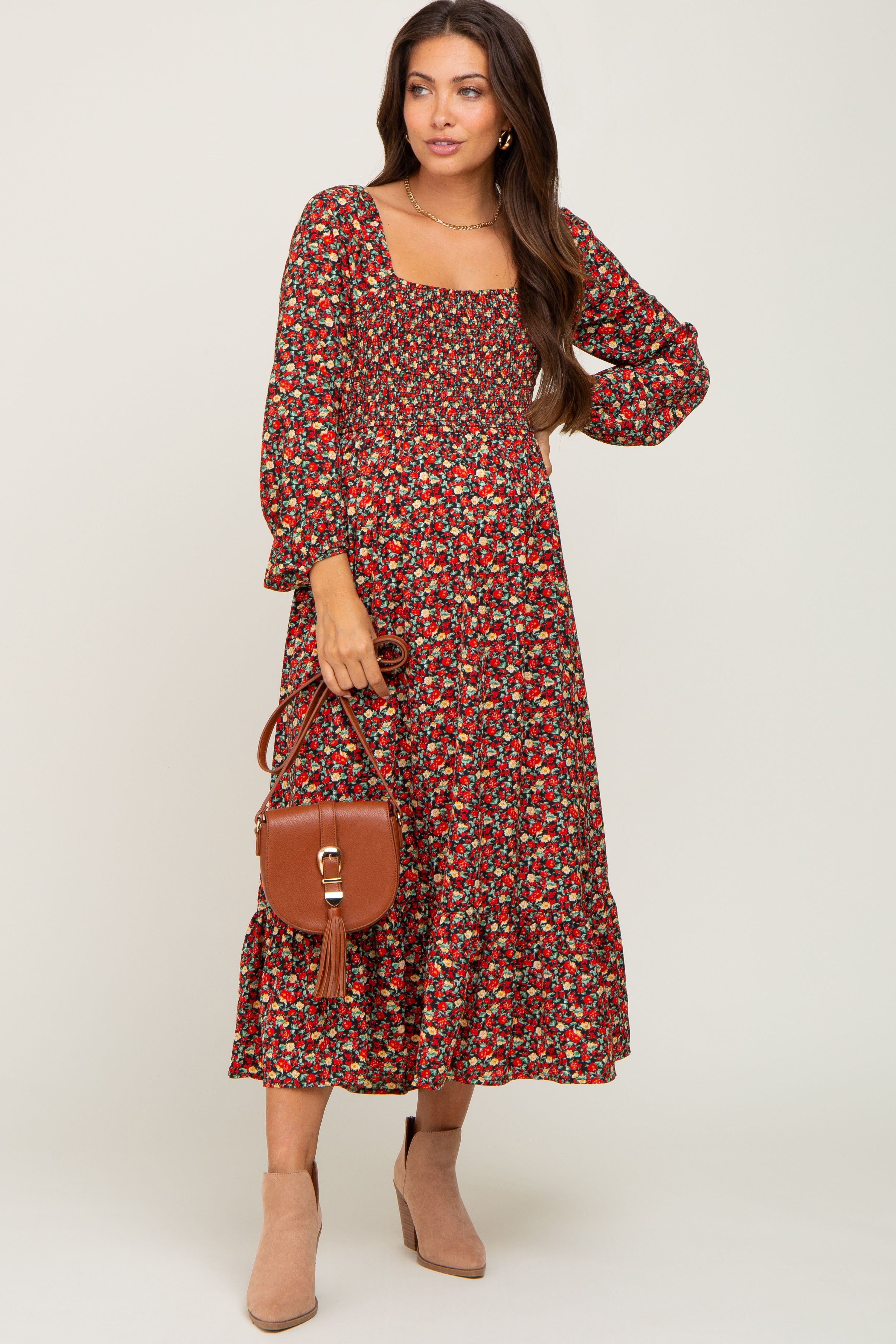 Black Floral Smocked Long Sleeve Maternity Midi Dress sold by Pinkblush product image thumbnail 5