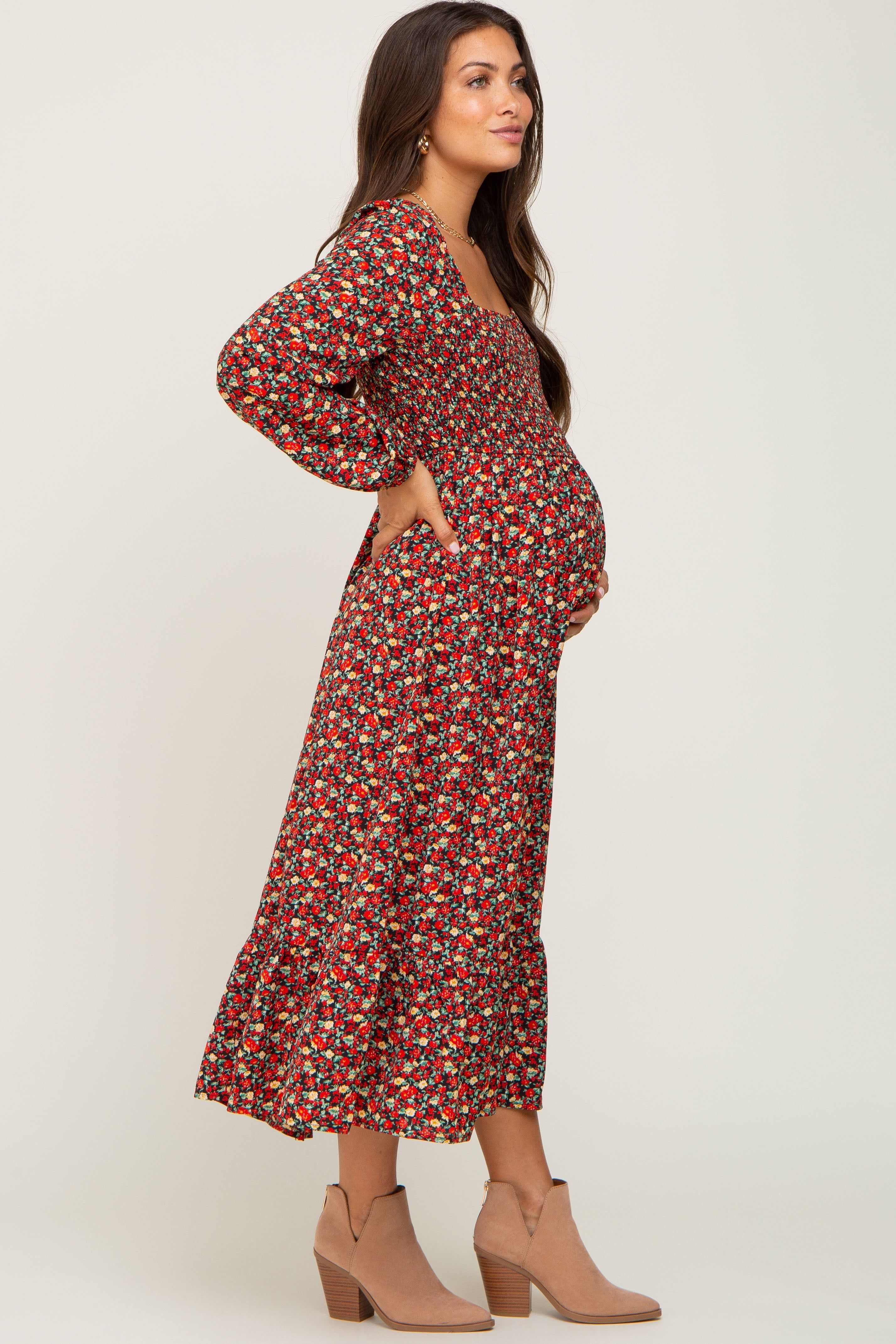 Black Floral Smocked Long Sleeve Maternity Midi Dress sold by Pinkblush product image thumbnail 2