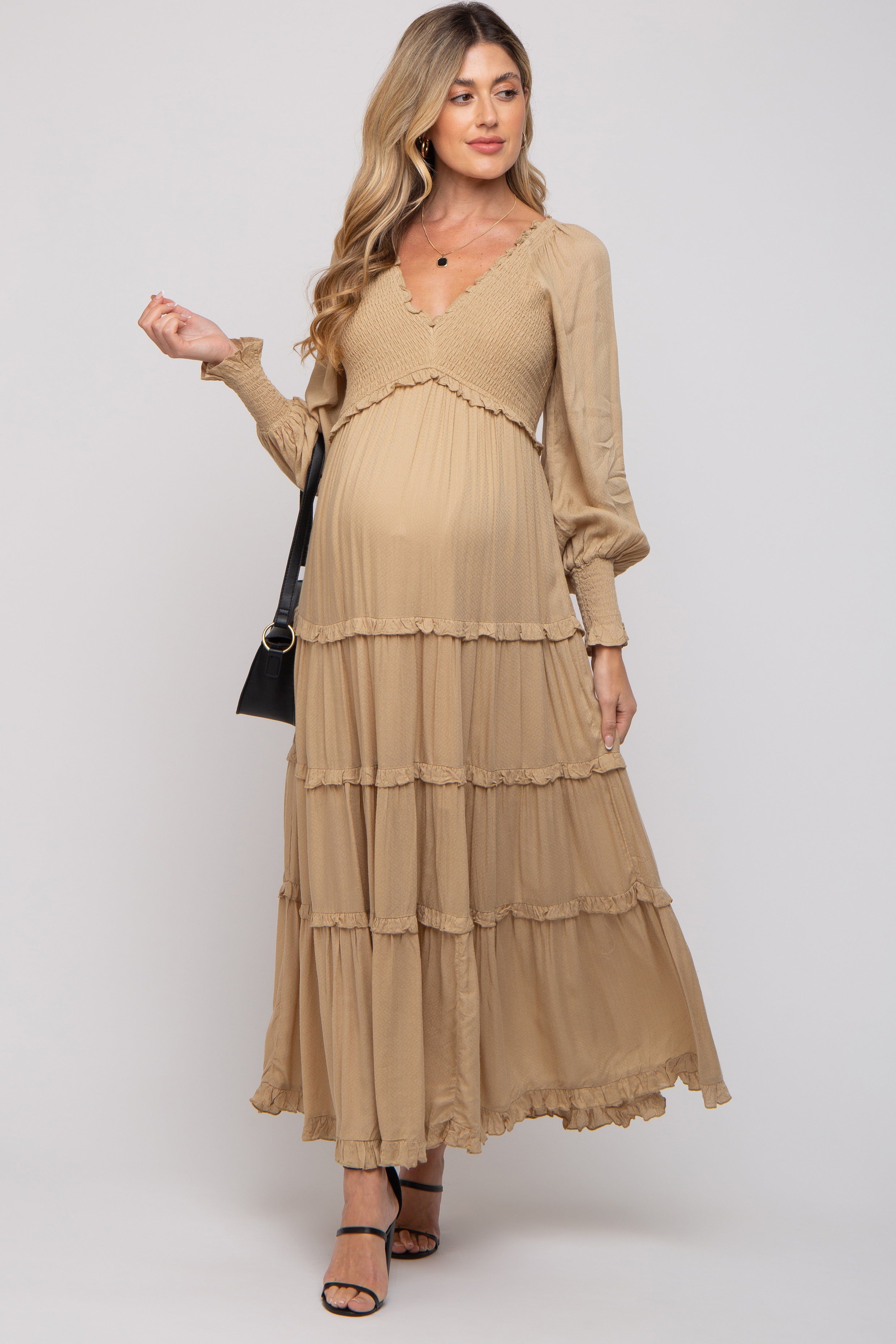 Taupe Smocked Ruffle Tiered Maternity Maxi Dress sold by Pinkblush product image thumbnail 4