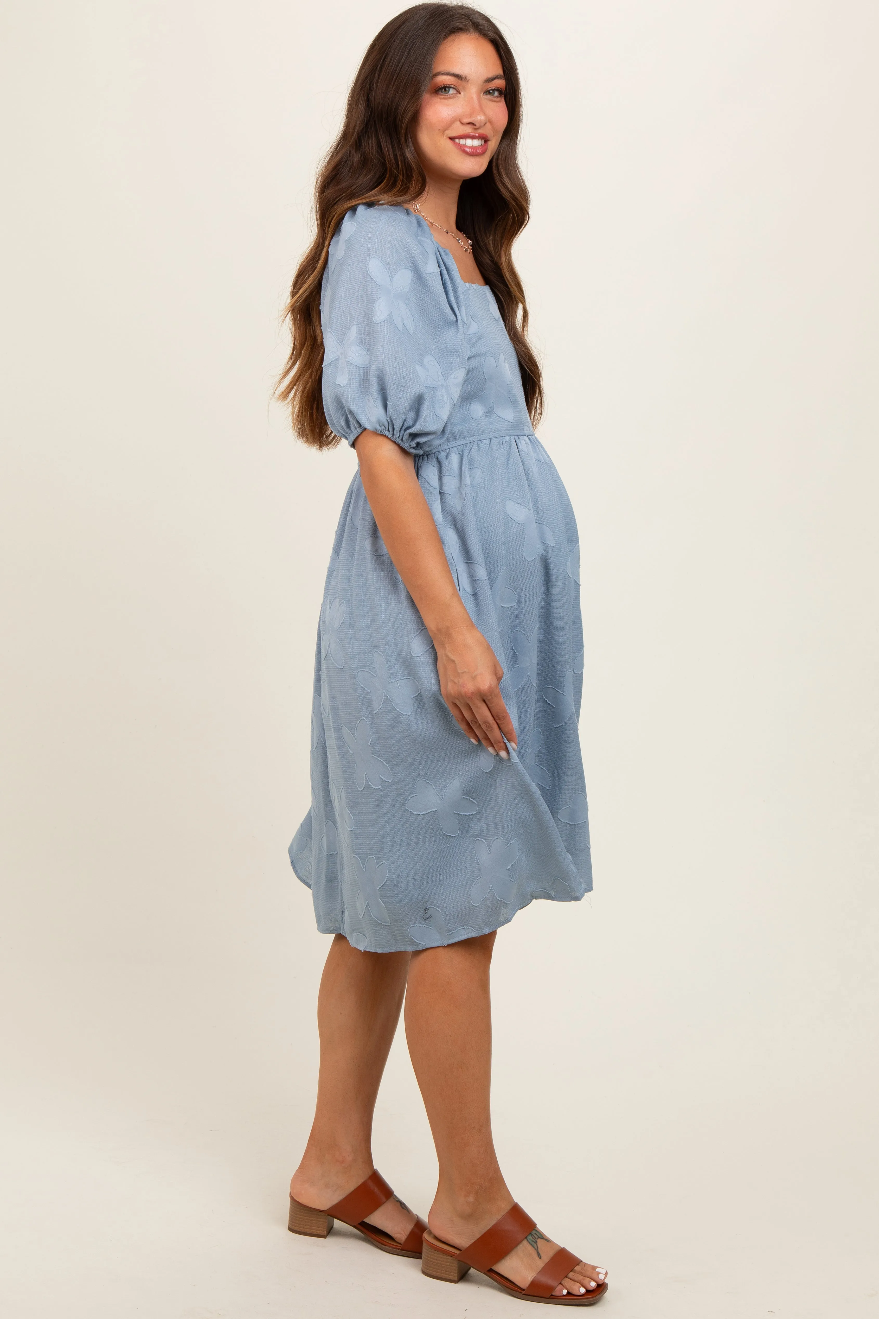 Blue Textured Floral Square Neck Puff Sleeve Maternity Dress sold by Pinkblush product image thumbnail 2