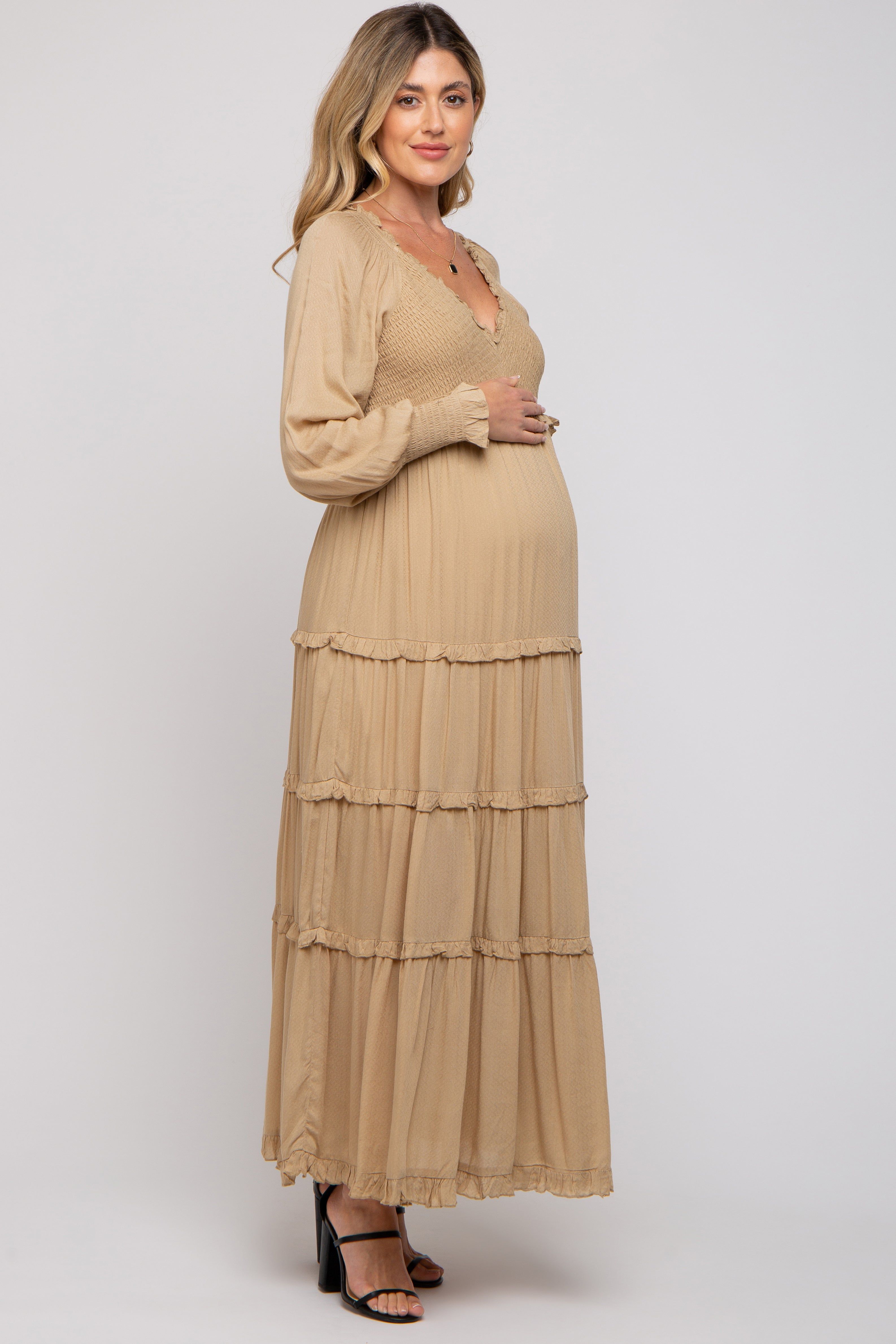 Taupe Smocked Ruffle Tiered Maternity Maxi Dress sold by Pinkblush product image thumbnail 2
