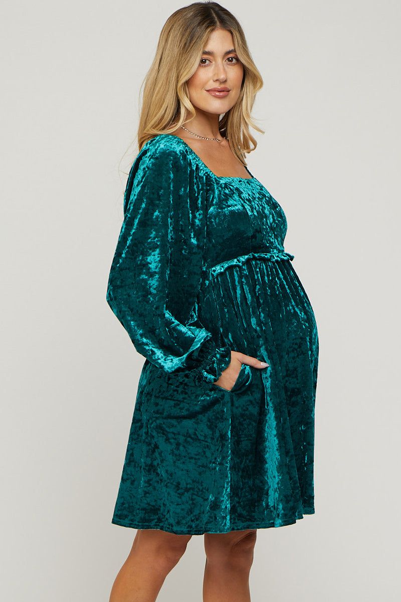 Green Teal Velour Square Neck Maternity Dress sold by Pinkblush product image thumbnail 2