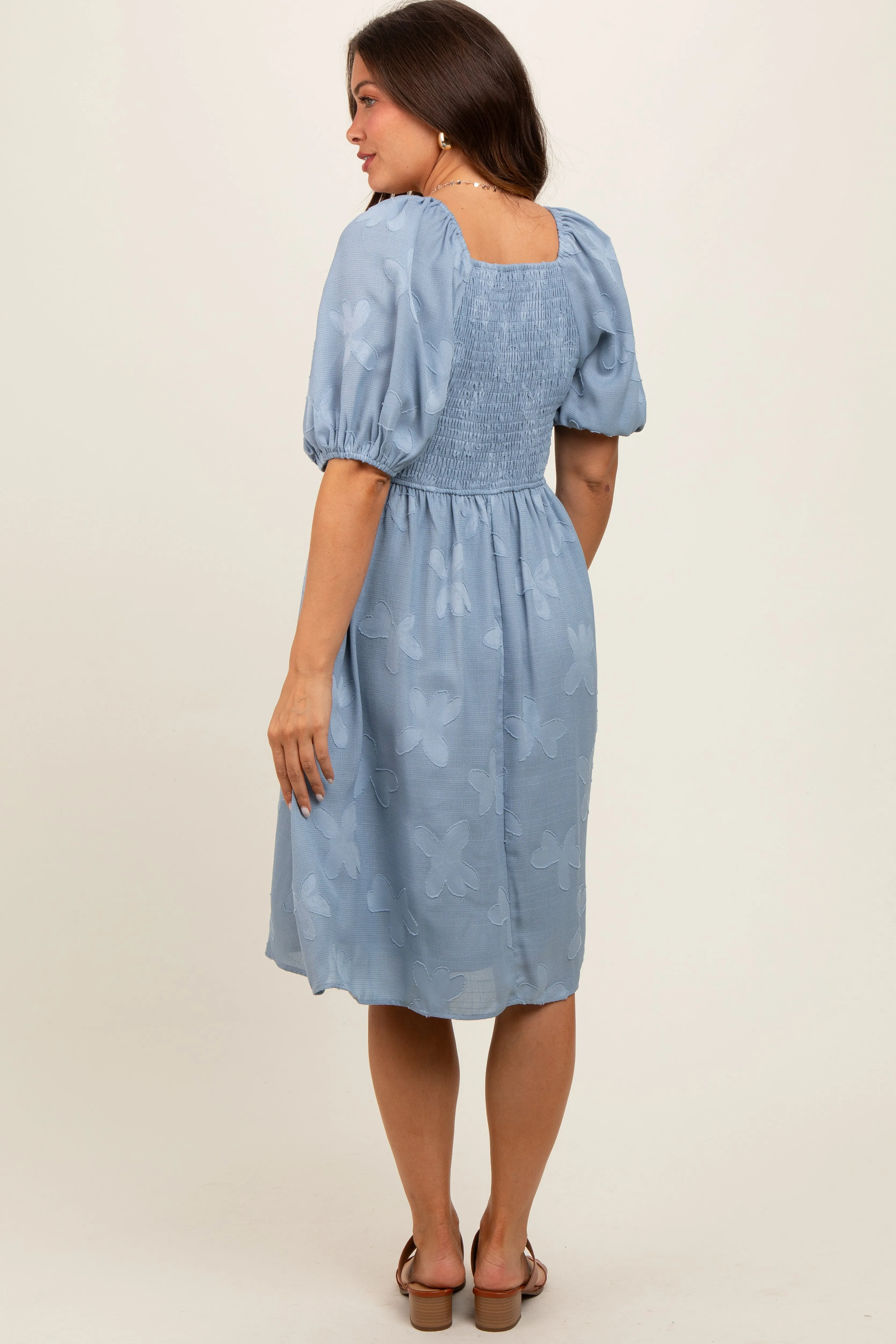 Blue Textured Floral Square Neck Puff Sleeve Maternity Dress sold by Pinkblush product image thumbnail 3