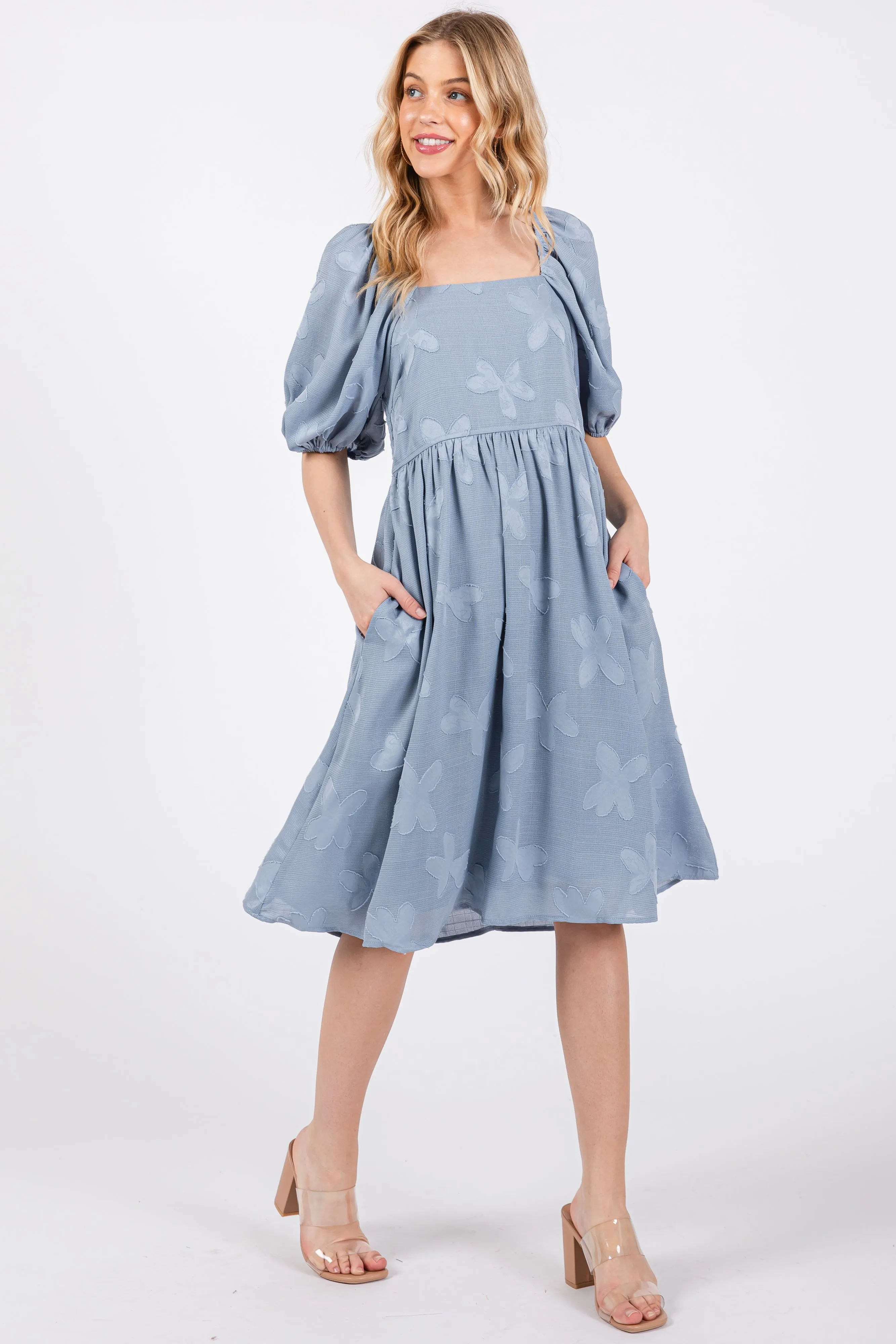Blue Textured Floral Square Neck Puff Sleeve Maternity Dress sold by Pinkblush product image thumbnail 4