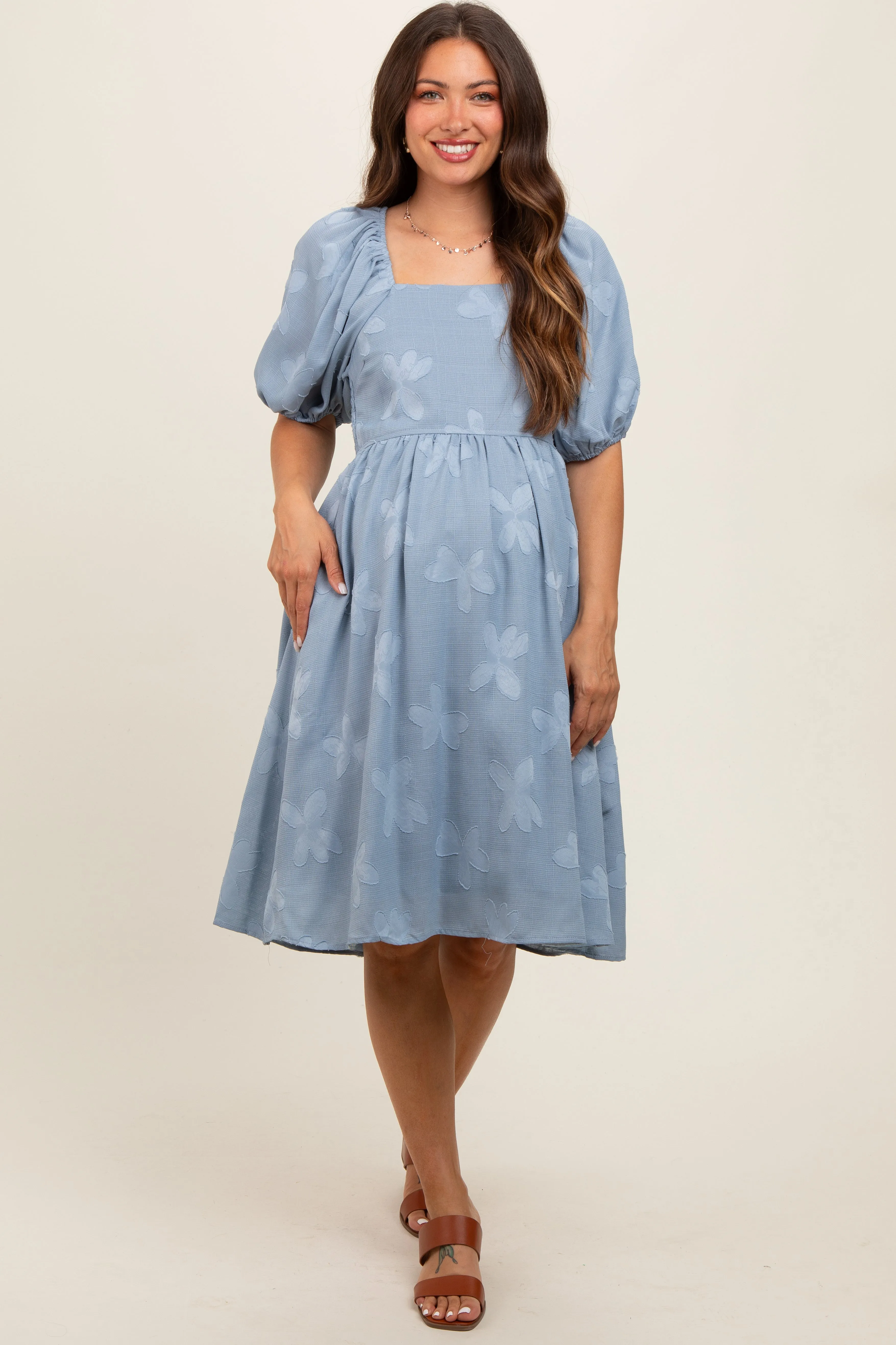 Blue Textured Floral Square Neck Puff Sleeve Maternity Dress sold by Pinkblush