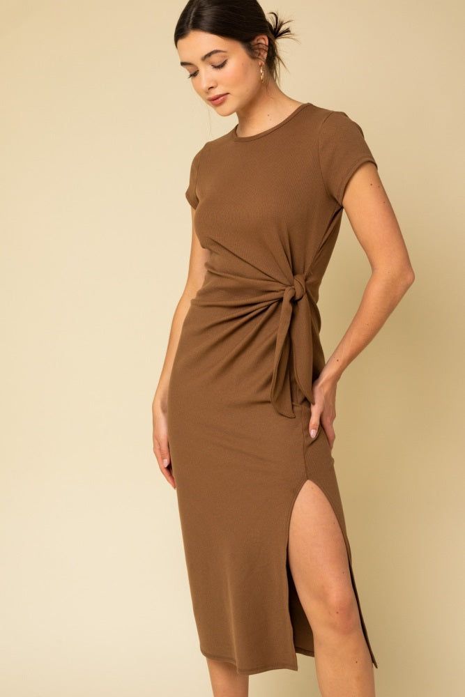 Brown Rib Knit Side Tie Midi Dress sold by Pinkblush product image thumbnail 4