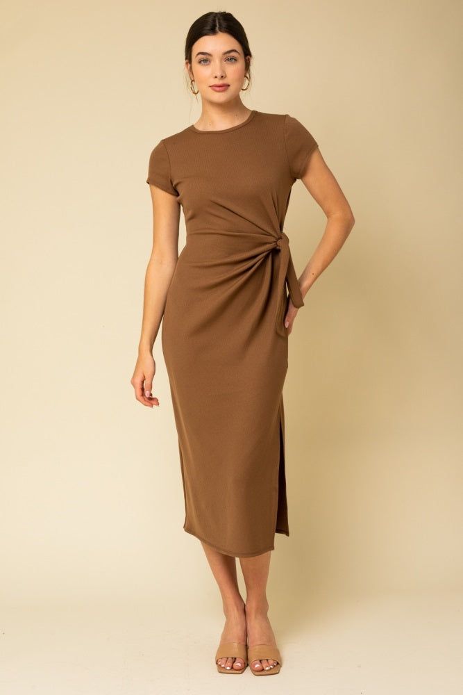 Brown Rib Knit Side Tie Midi Dress sold by Pinkblush