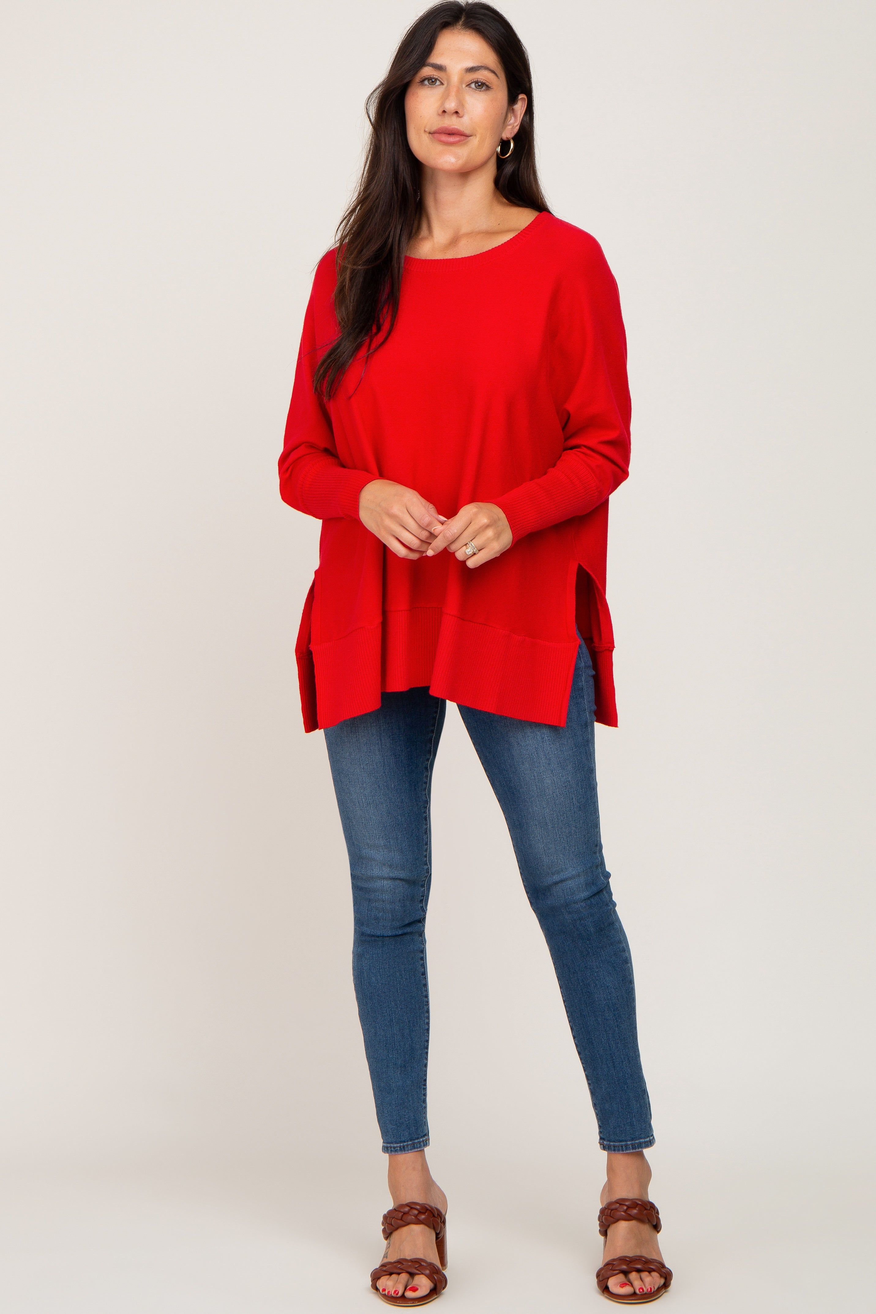 Red Dolman Sleeve Side Slit Sweater sold by Pinkblush product image thumbnail 4