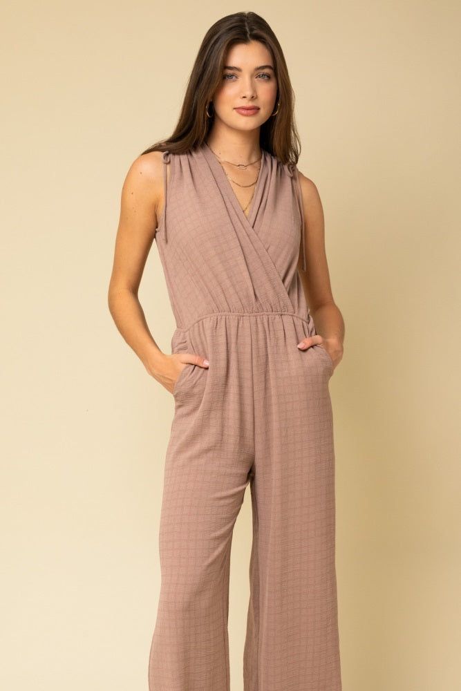 Mocha Sleeveless Shoulder Ruching Surplice Jumpsuit sold by Pinkblush product image thumbnail 4