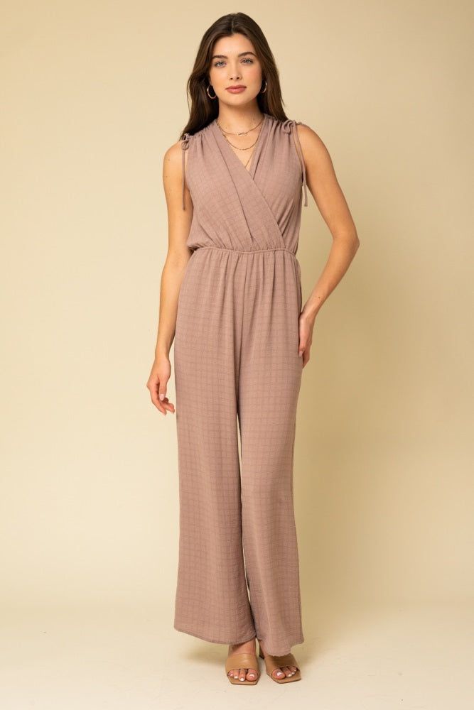 Mocha Sleeveless Shoulder Ruching Surplice Jumpsuit sold by Pinkblush