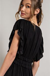 Black Ruffle Accent V-Neck Midi Dress sold by Pinkblush