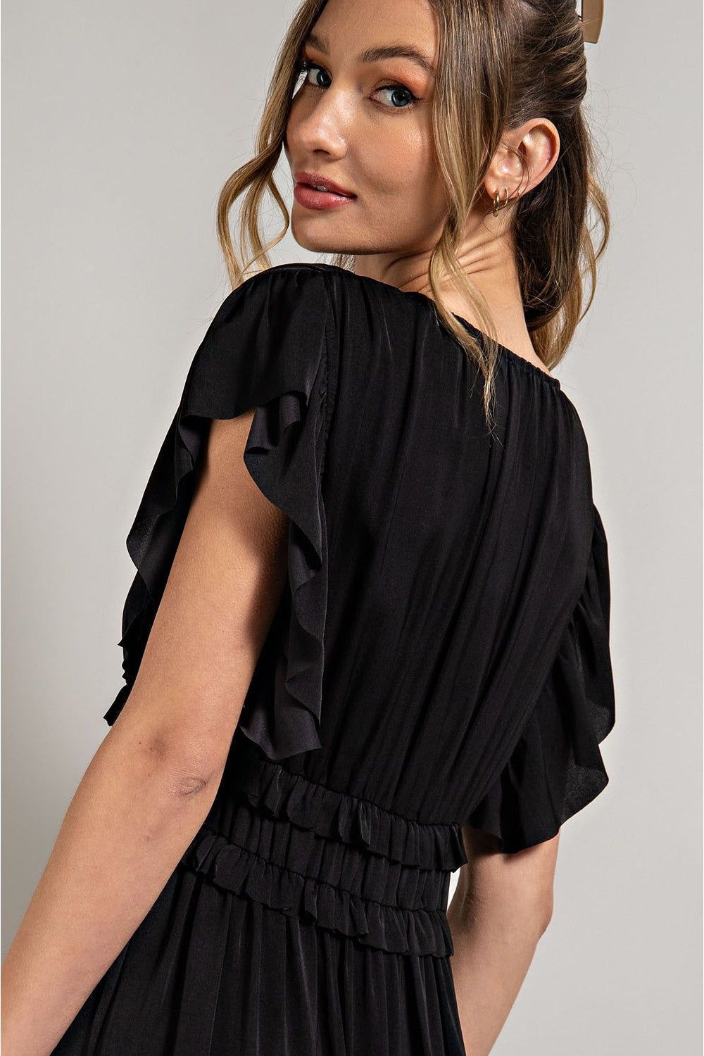 Black Ruffle Accent V-Neck Midi Dress sold by Pinkblush product image thumbnail 5