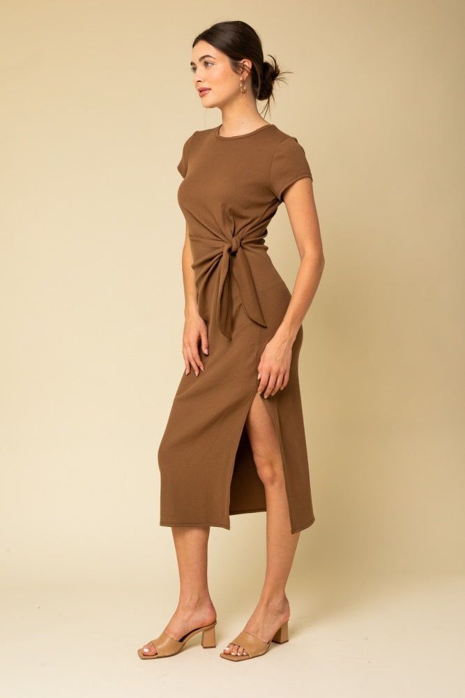 Brown Rib Knit Side Tie Midi Dress sold by Pinkblush product image thumbnail 2