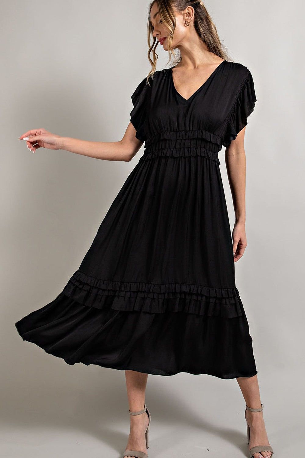 Black Ruffle Accent V-Neck Midi Dress sold by Pinkblush product image thumbnail 2
