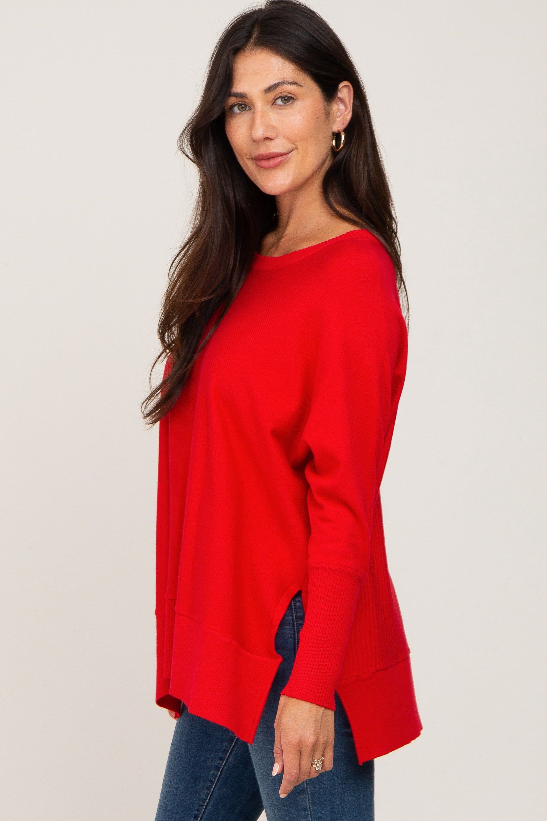 Red Dolman Sleeve Side Slit Sweater sold by Pinkblush product image thumbnail 2