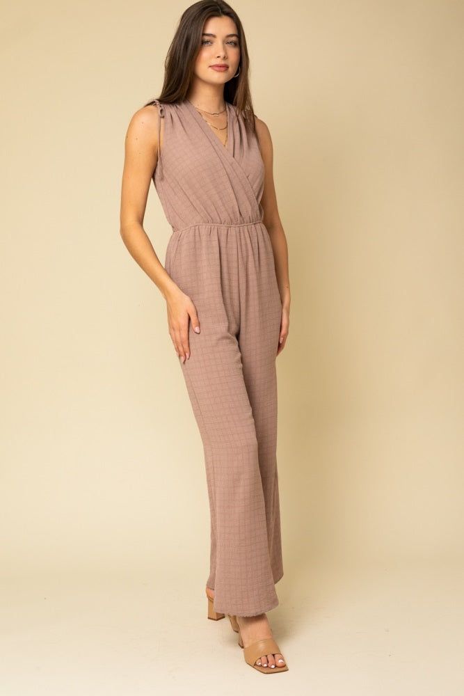 Mocha Sleeveless Shoulder Ruching Surplice Jumpsuit sold by Pinkblush product image thumbnail 2