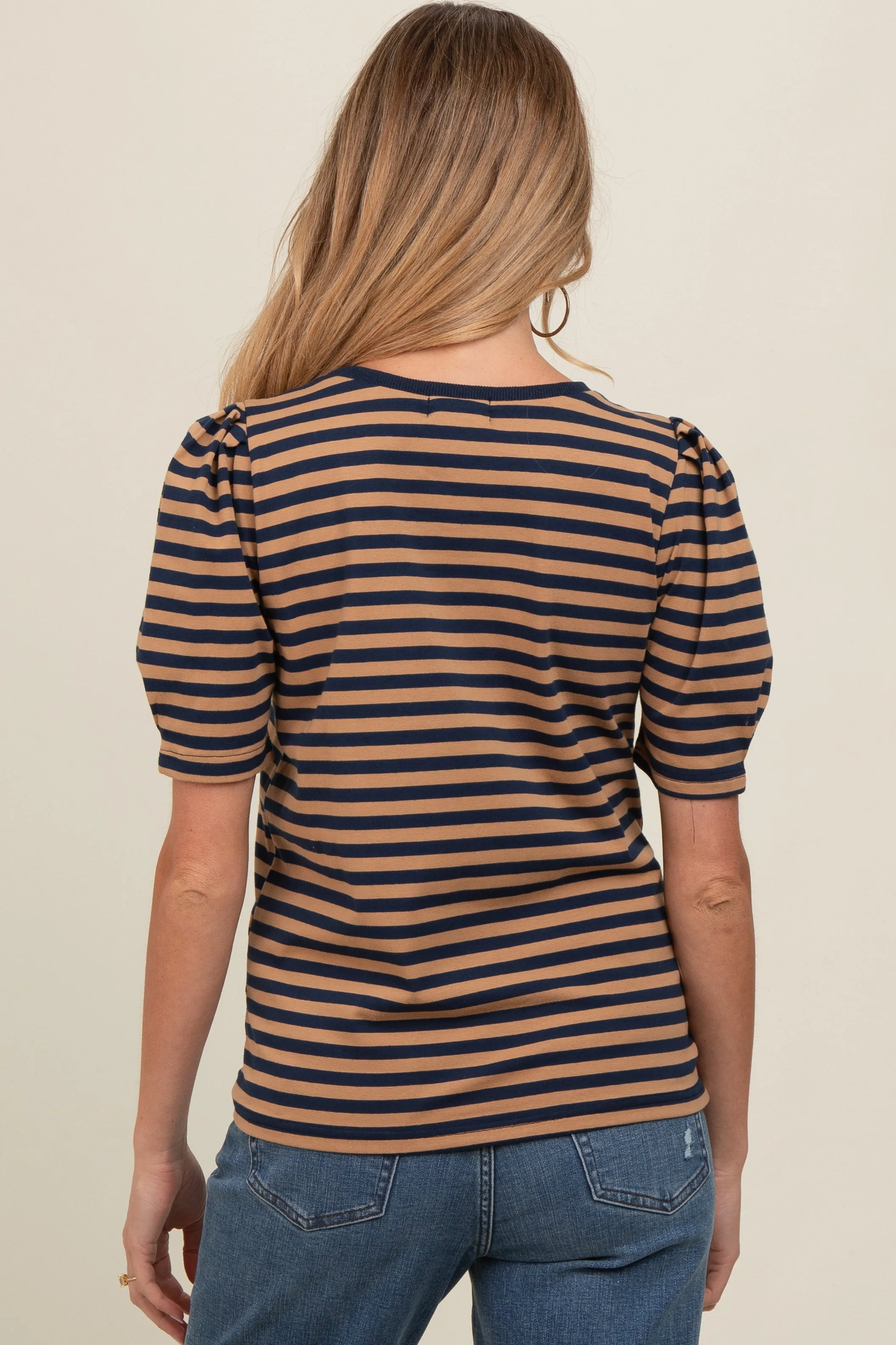 Navy Multi Striped Puff Sleeve Knit Maternity Top sold by Pinkblush product image thumbnail 4