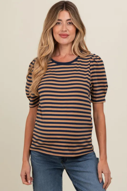 Navy Multi Striped Puff Sleeve Knit Maternity Top sold by Pinkblush