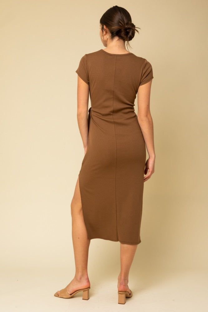 Brown Rib Knit Side Tie Midi Dress sold by Pinkblush product image thumbnail 3