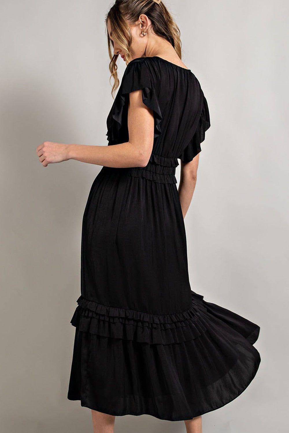 Black Ruffle Accent V-Neck Midi Dress sold by Pinkblush product image thumbnail 3