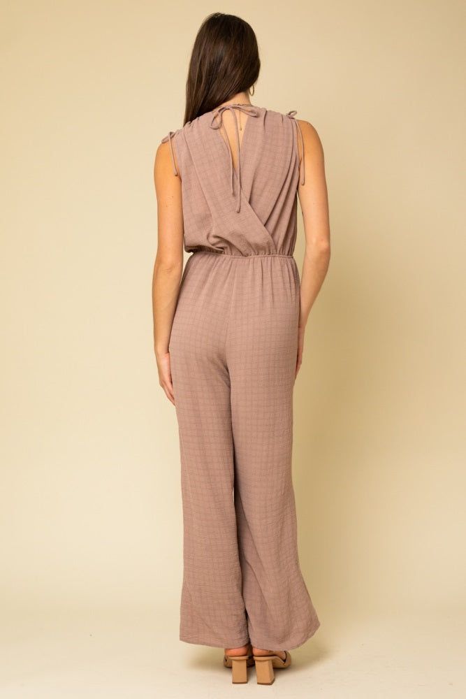 Mocha Sleeveless Shoulder Ruching Surplice Jumpsuit sold by Pinkblush product image thumbnail 3