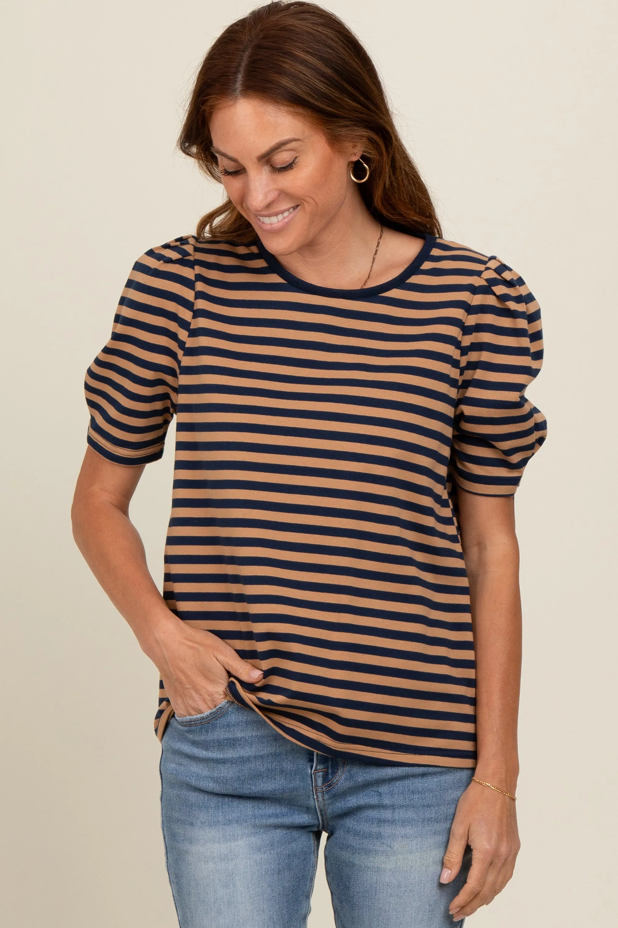 Navy Multi Striped Puff Sleeve Knit Maternity Top sold by Pinkblush product image thumbnail 5