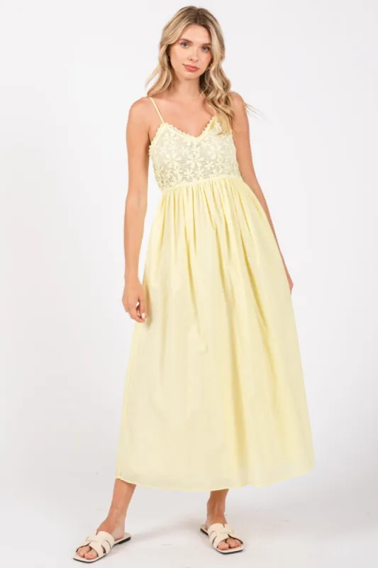 Yellow Floral Crochet Contrast Midi Dress sold by Pinkblush