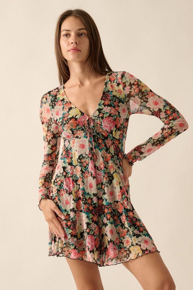 Black Floral Mesh Long Sleeve Romper sold by Pinkblush