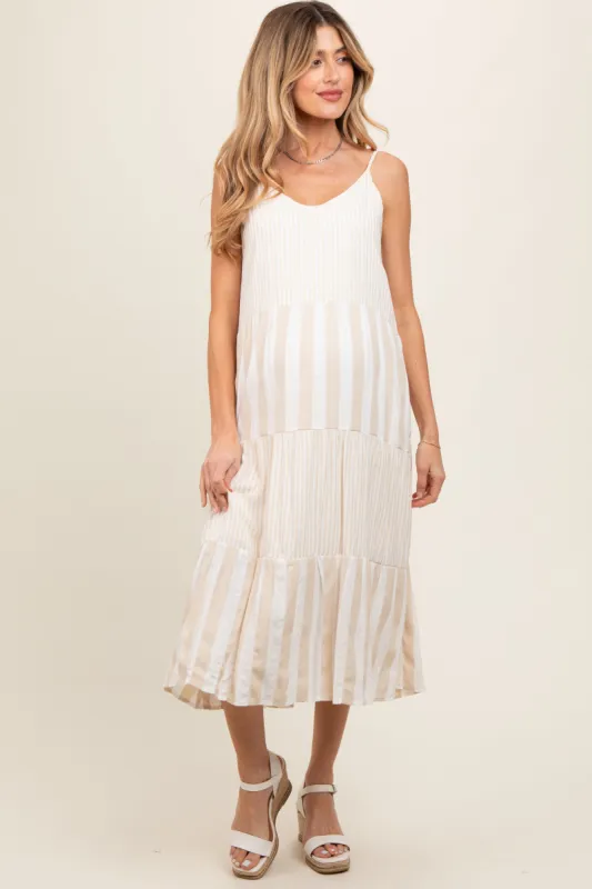 Beige Striped Side Pocket Maternity Midi Dress sold by Pinkblush