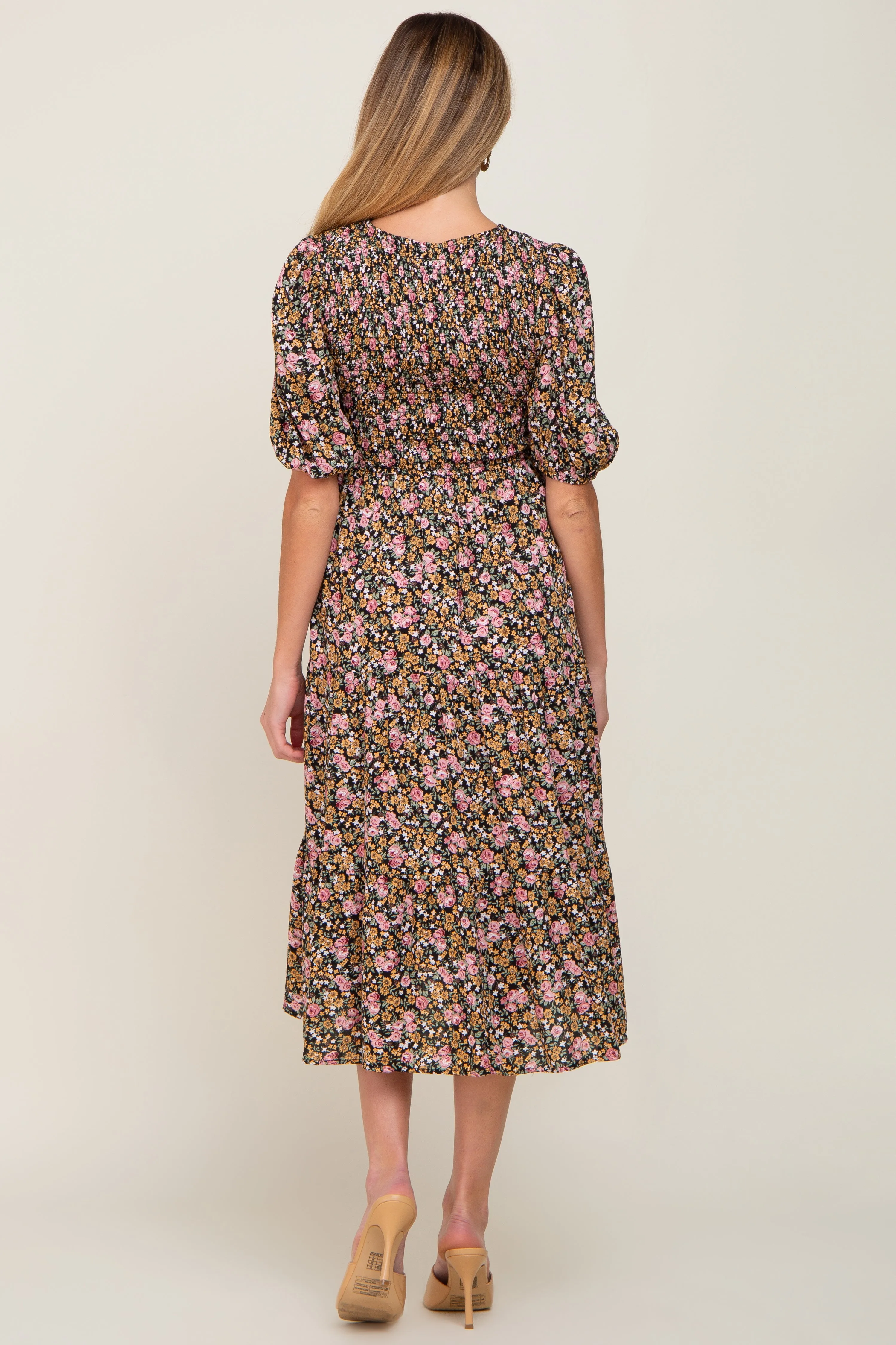 Multi-Color Floral Smocked Tiered Maternity Midi Dress sold by Pinkblush product image thumbnail 3