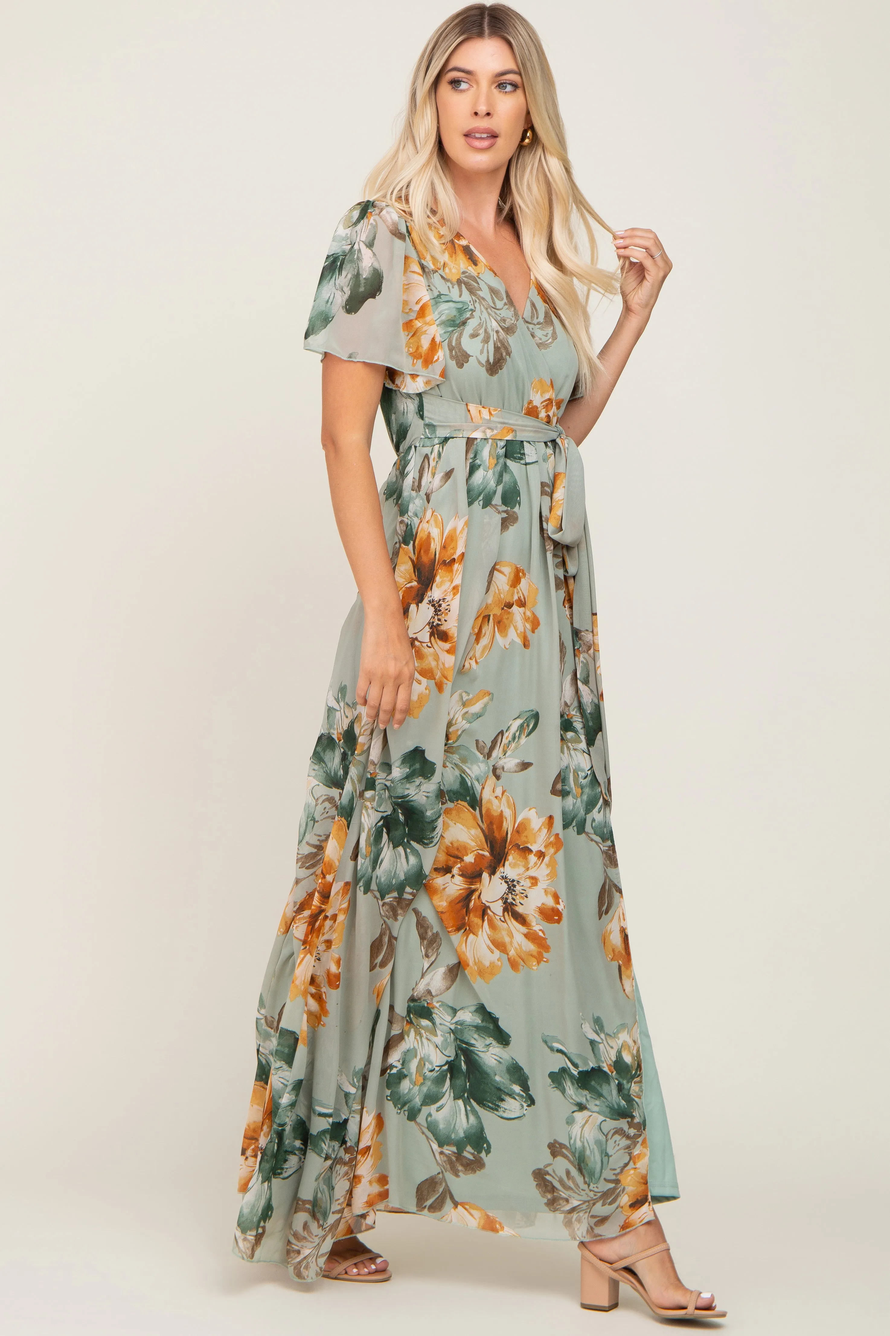 Sage Floral Chiffon Short Sleeve Maxi Dress sold by Pinkblush product image thumbnail 2