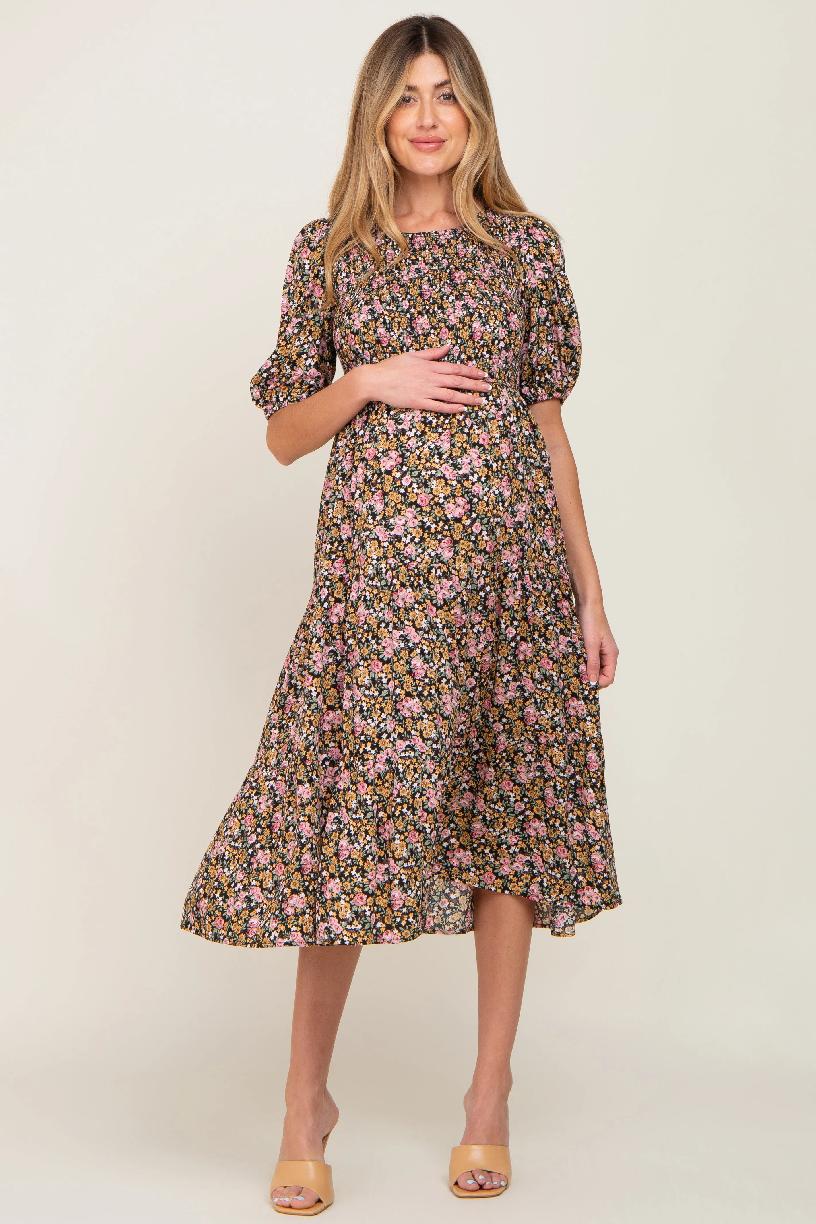 Multi-Color Floral Smocked Tiered Maternity Midi Dress sold by Pinkblush