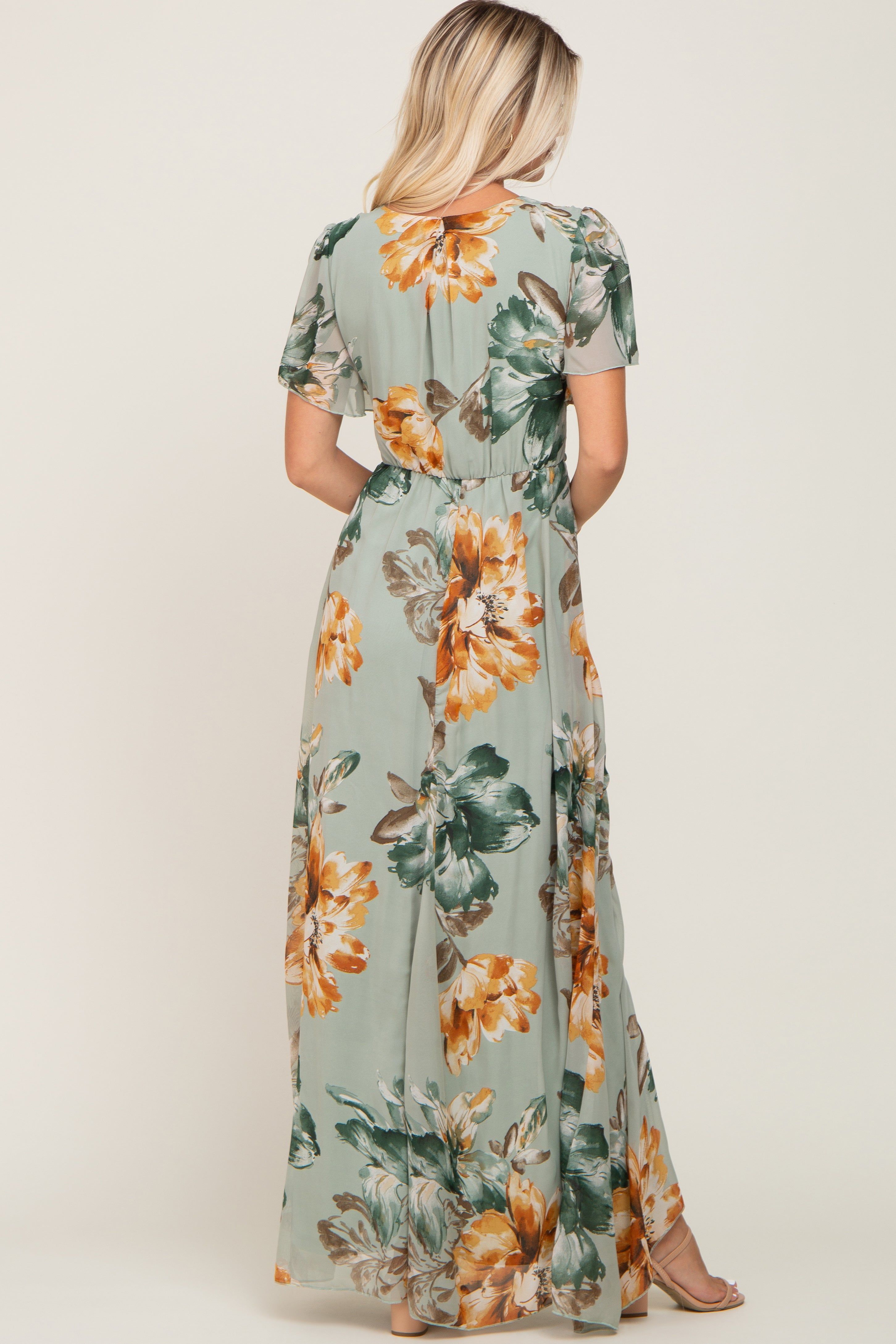 Sage Floral Chiffon Short Sleeve Maxi Dress sold by Pinkblush product image thumbnail 3