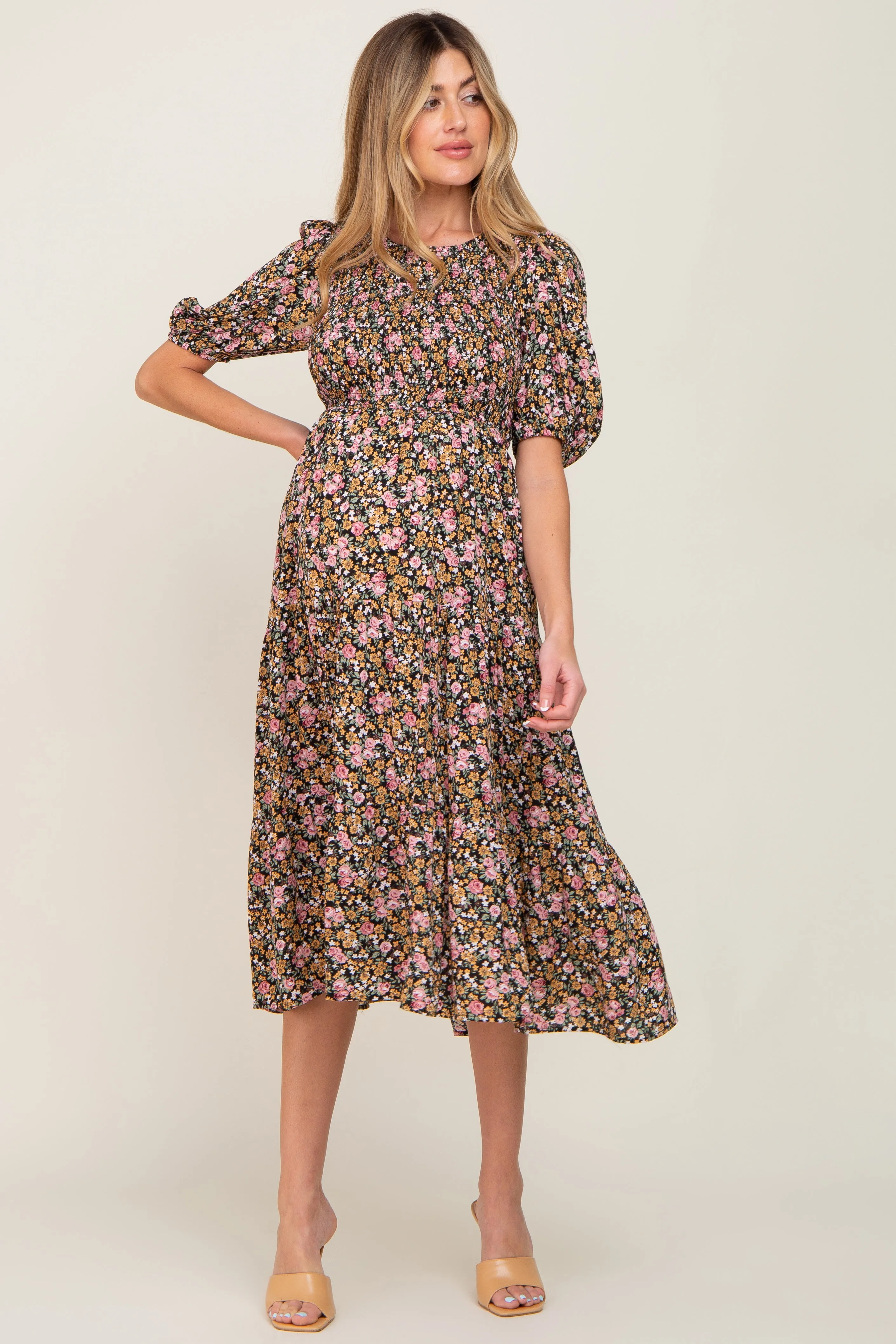 Multi-Color Floral Smocked Tiered Maternity Midi Dress sold by Pinkblush product image thumbnail 5