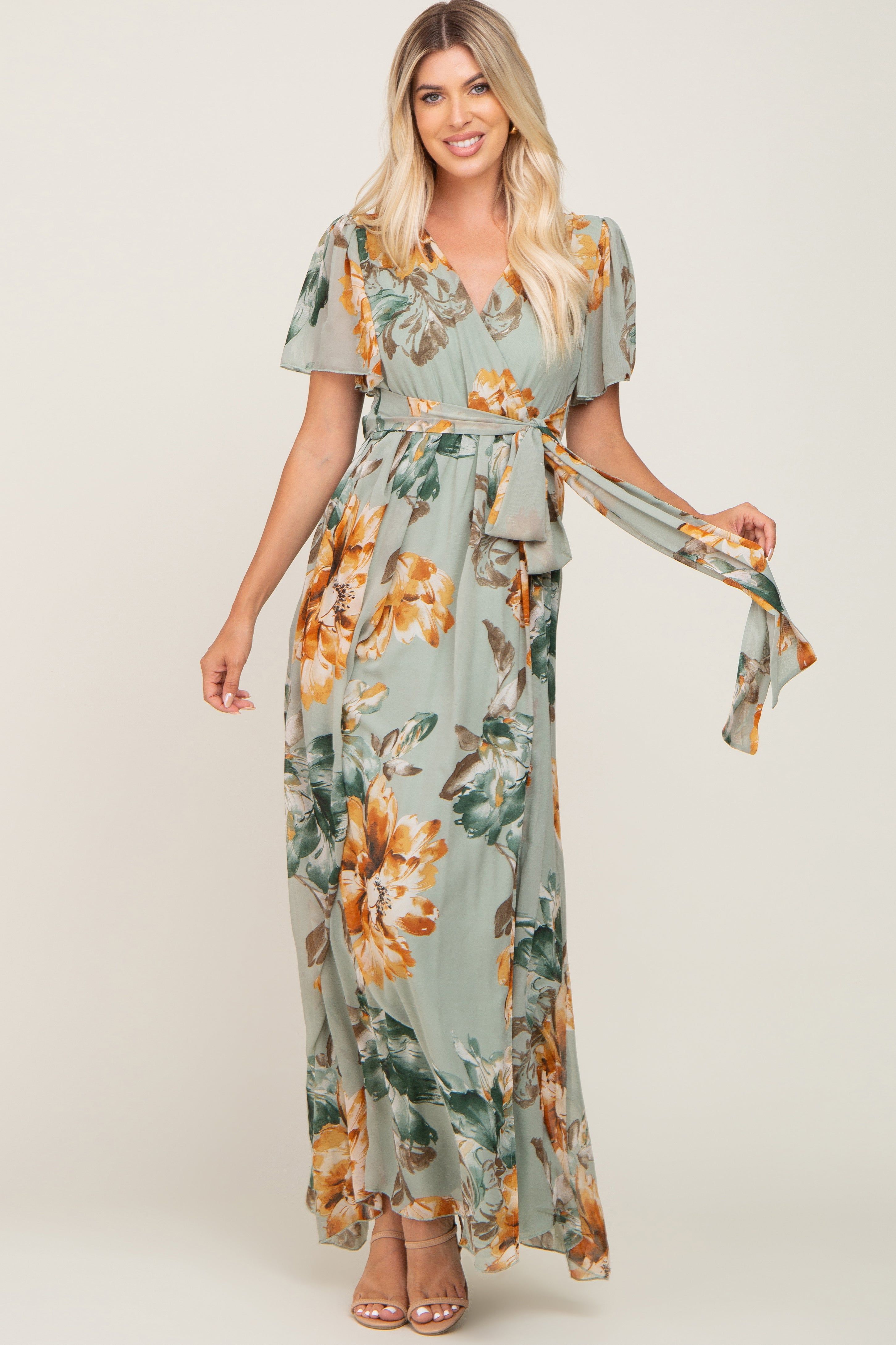 Sage Floral Chiffon Short Sleeve Maxi Dress sold by Pinkblush