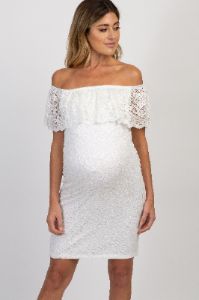 White Lace Off Shoulder Fitted Maternity Dress sold by Pinkblush