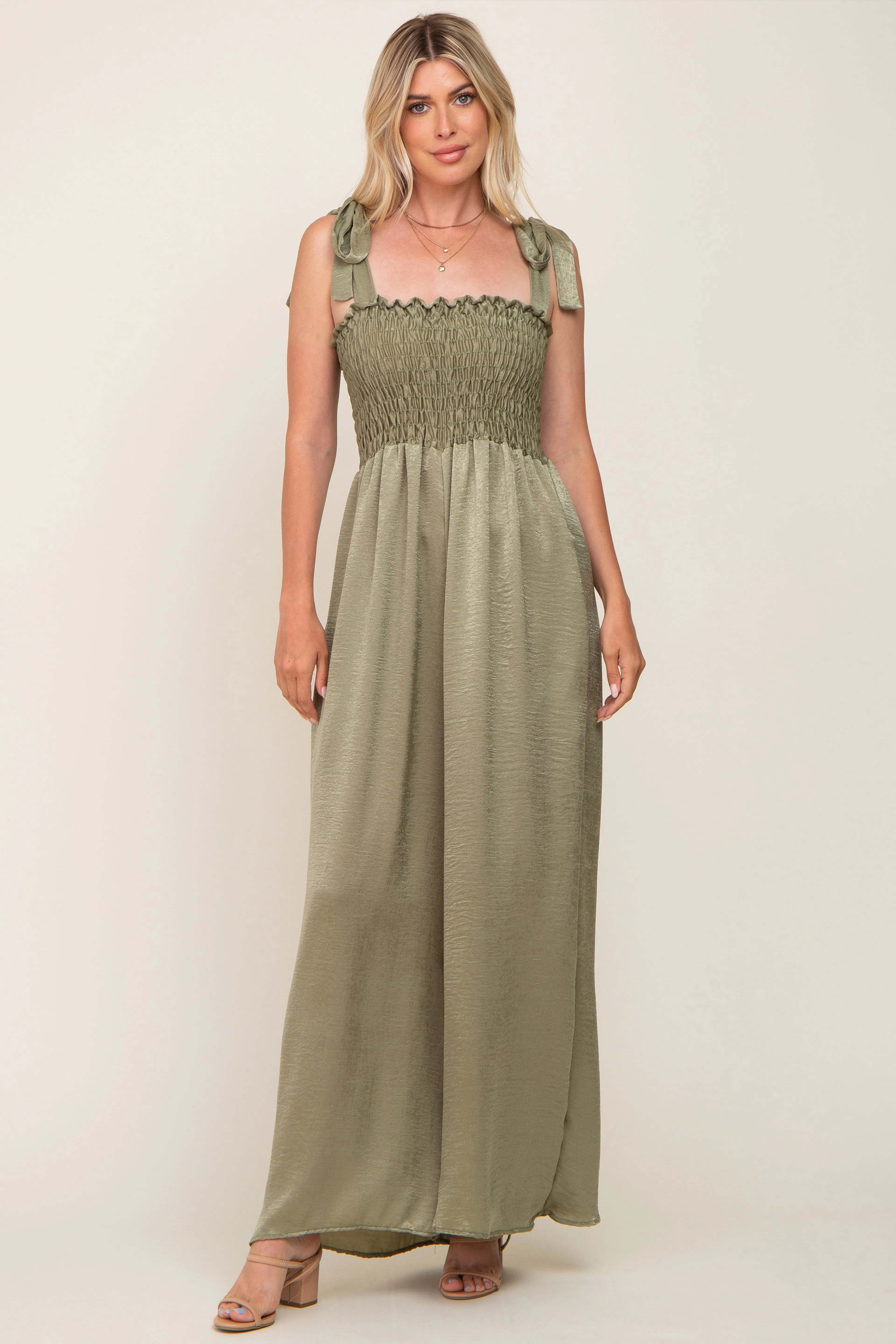 Olive Satin Smocked Square Neck Shoulder Tie Maternity Jumpsuit sold by Pinkblush product image thumbnail 5