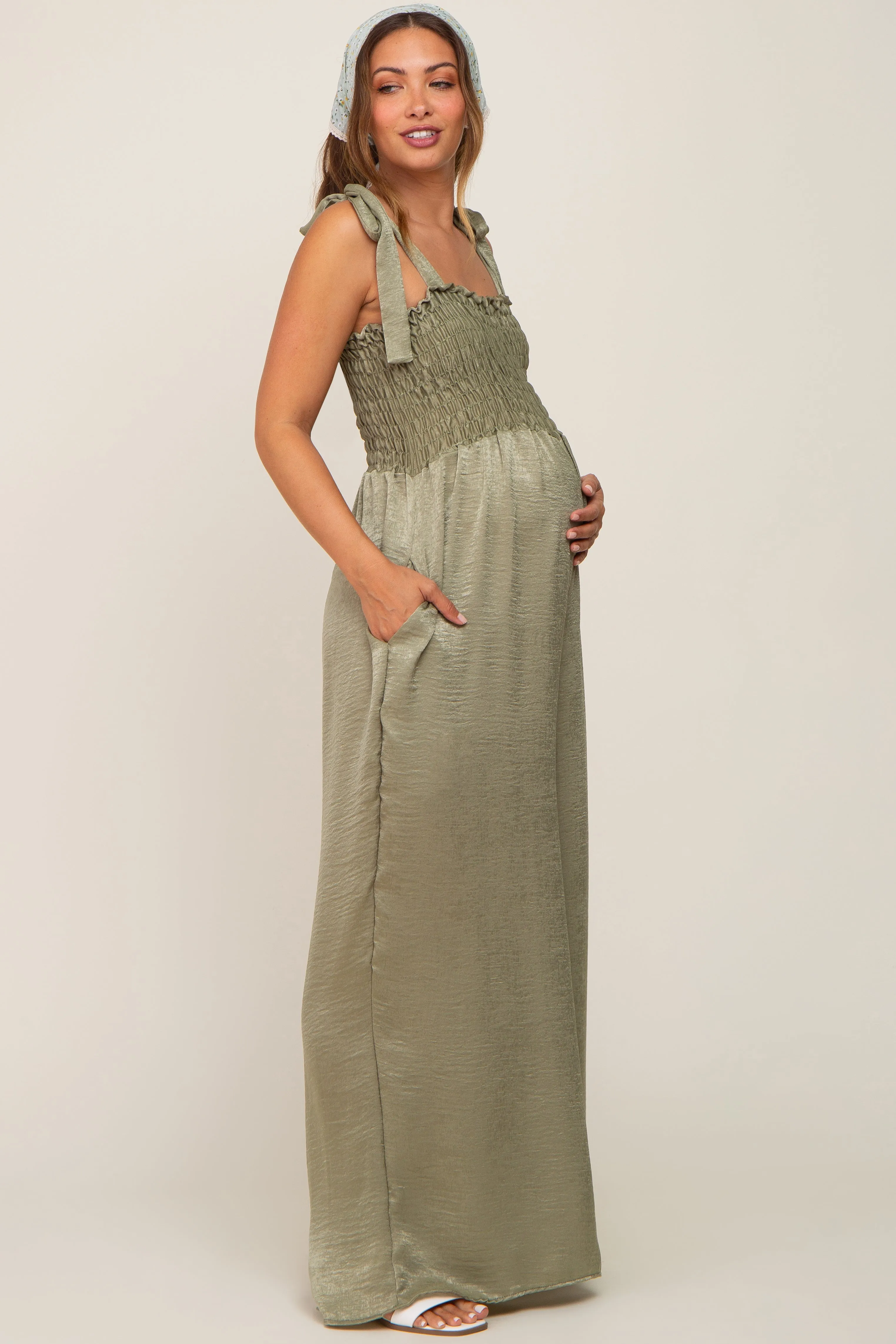 Olive Satin Smocked Square Neck Shoulder Tie Maternity Jumpsuit sold by Pinkblush product image thumbnail 3