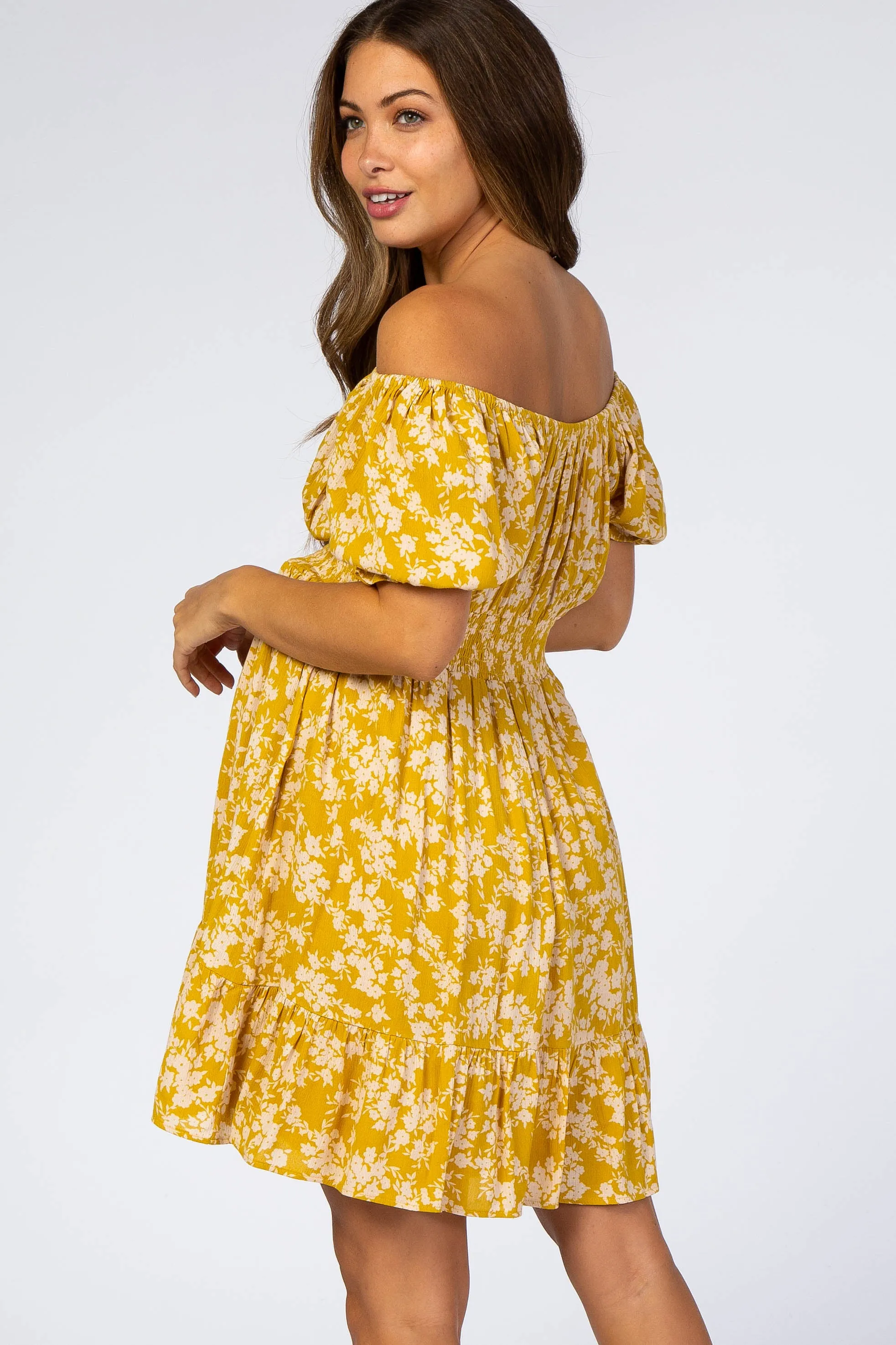 Mustard Floral Off Shoulder Maternity Mini Dress sold by Pinkblush product image thumbnail 3