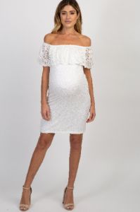 White Lace Off Shoulder Fitted Maternity Dress sold by Pinkblush