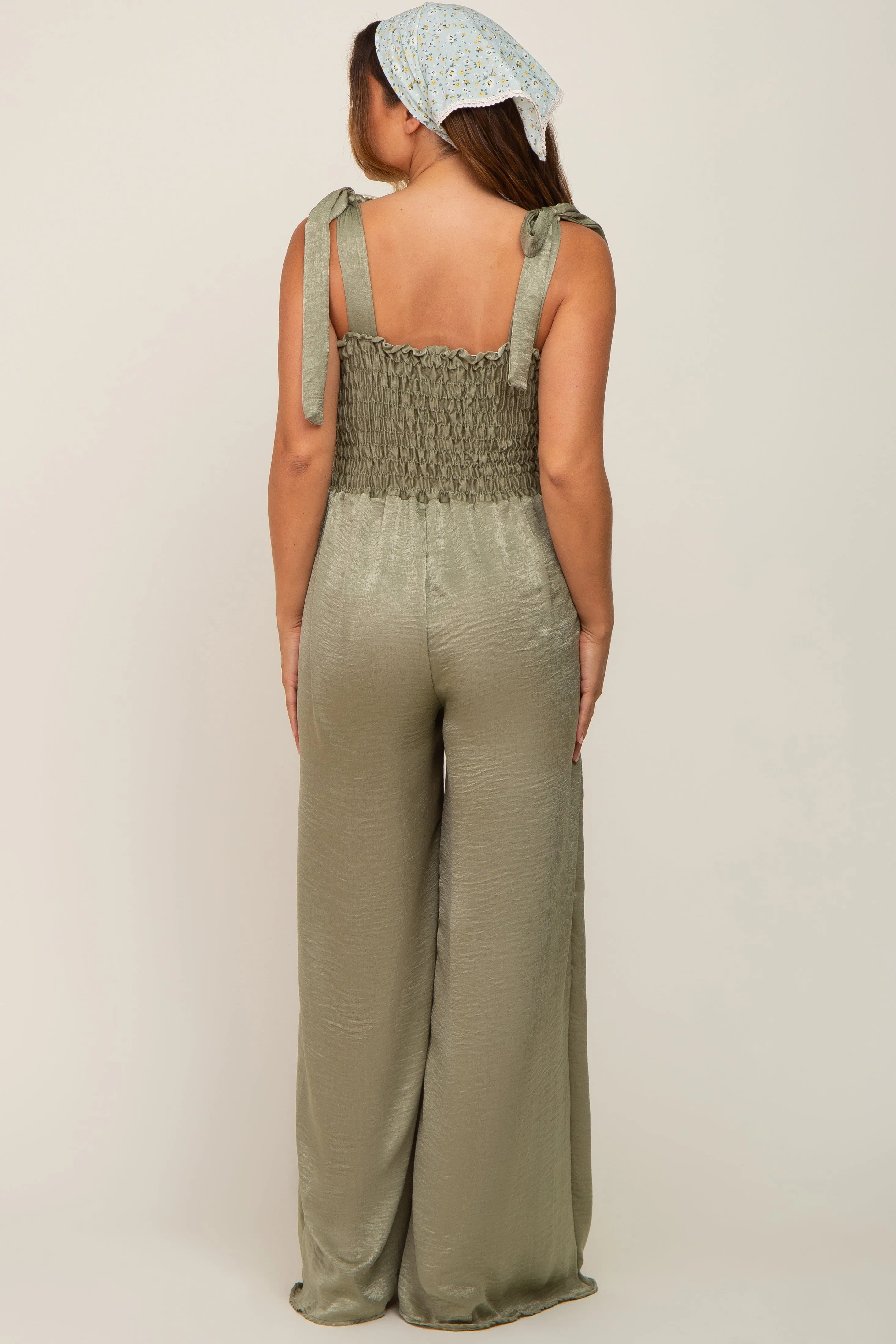 Olive Satin Smocked Square Neck Shoulder Tie Maternity Jumpsuit sold by Pinkblush product image thumbnail 4