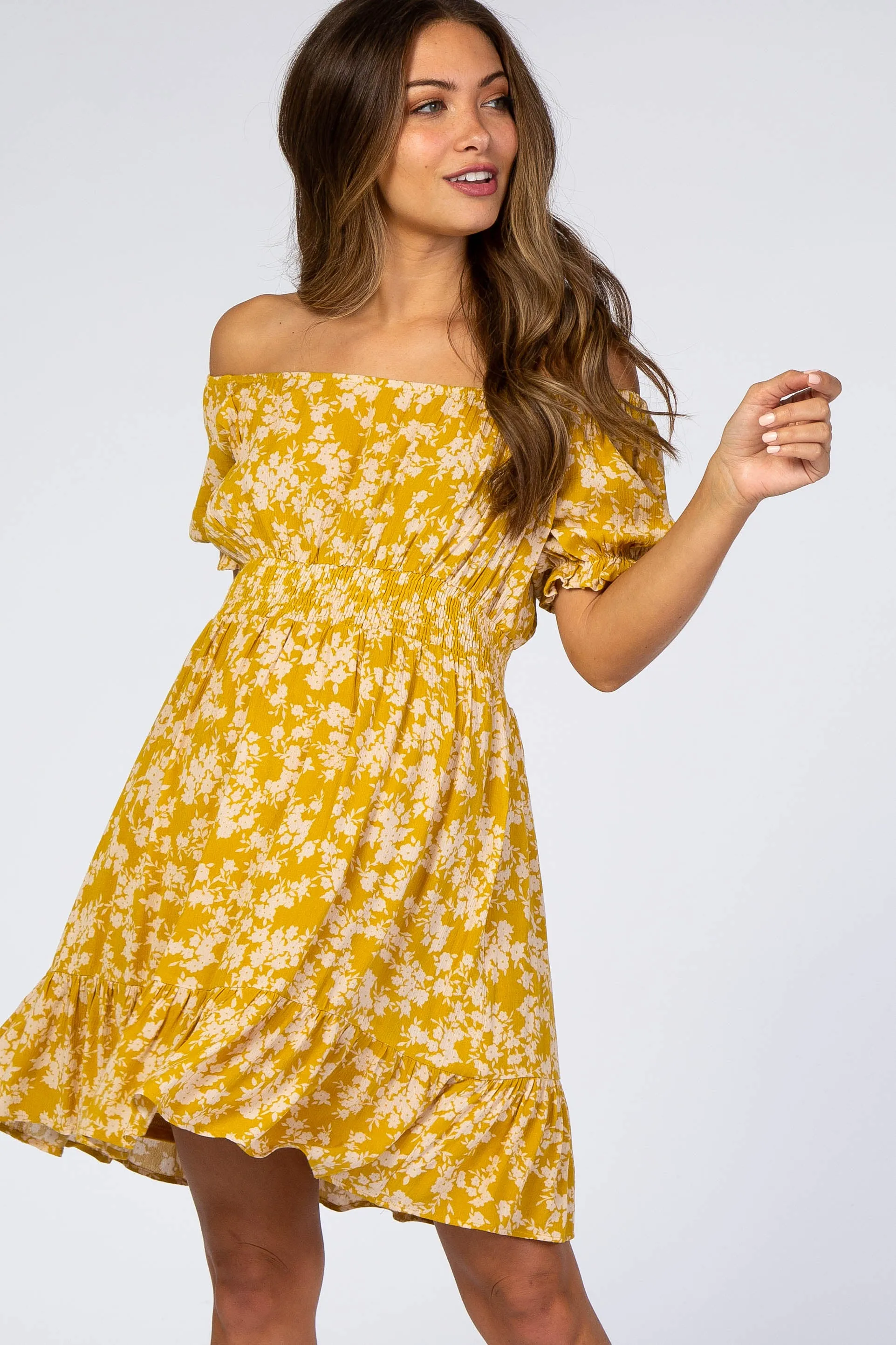 Mustard Floral Off Shoulder Maternity Mini Dress sold by Pinkblush product image thumbnail 4