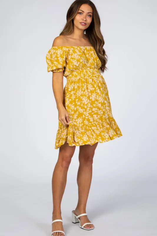 Mustard Floral Off Shoulder Maternity Mini Dress sold by Pinkblush