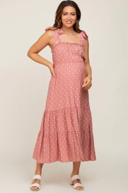 Mauve Polka Dot Shirred Maternity Midi Dress sold by Pinkblush