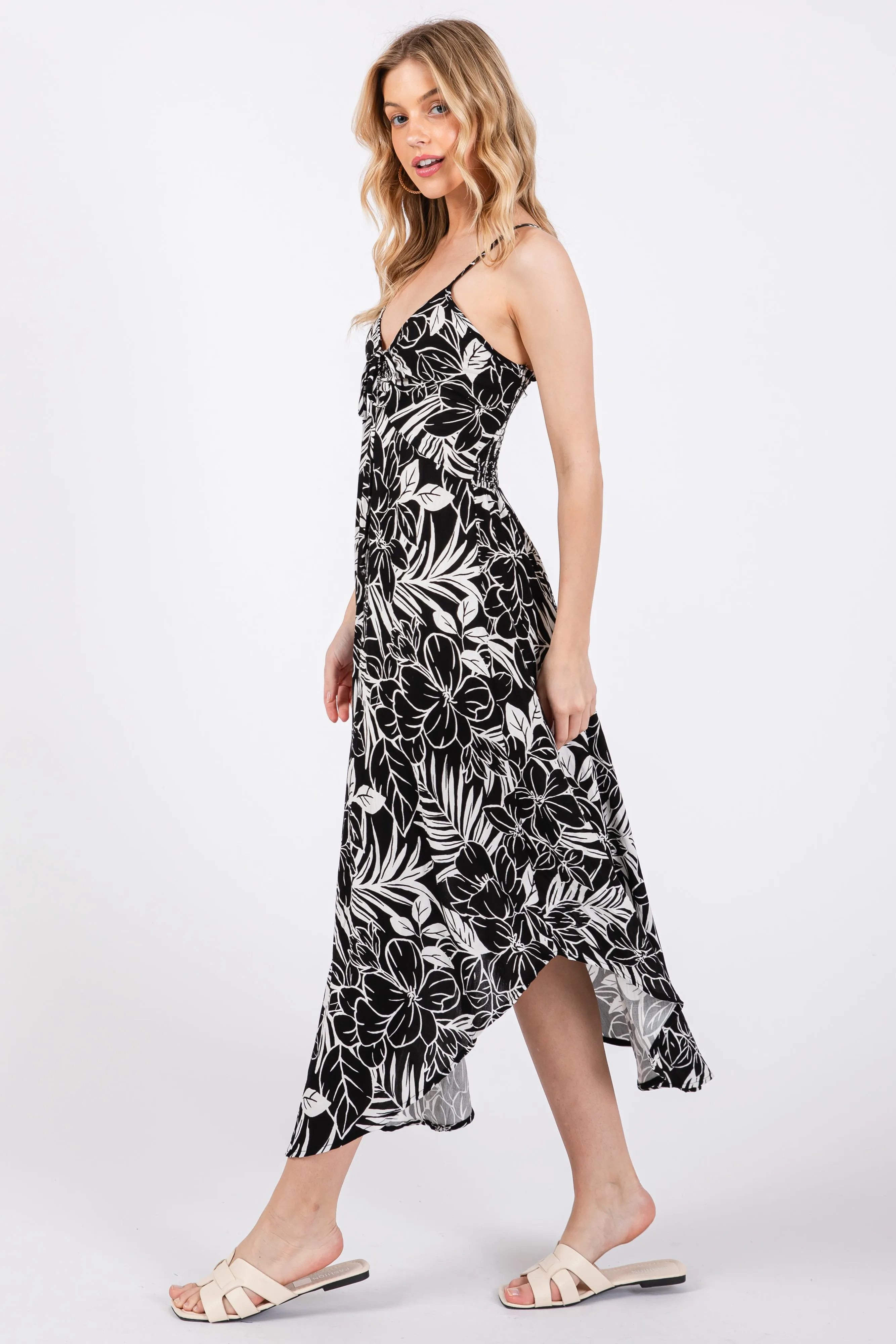Black Tropical Floral Front Tie Midi Dress sold by Pinkblush product image thumbnail 2
