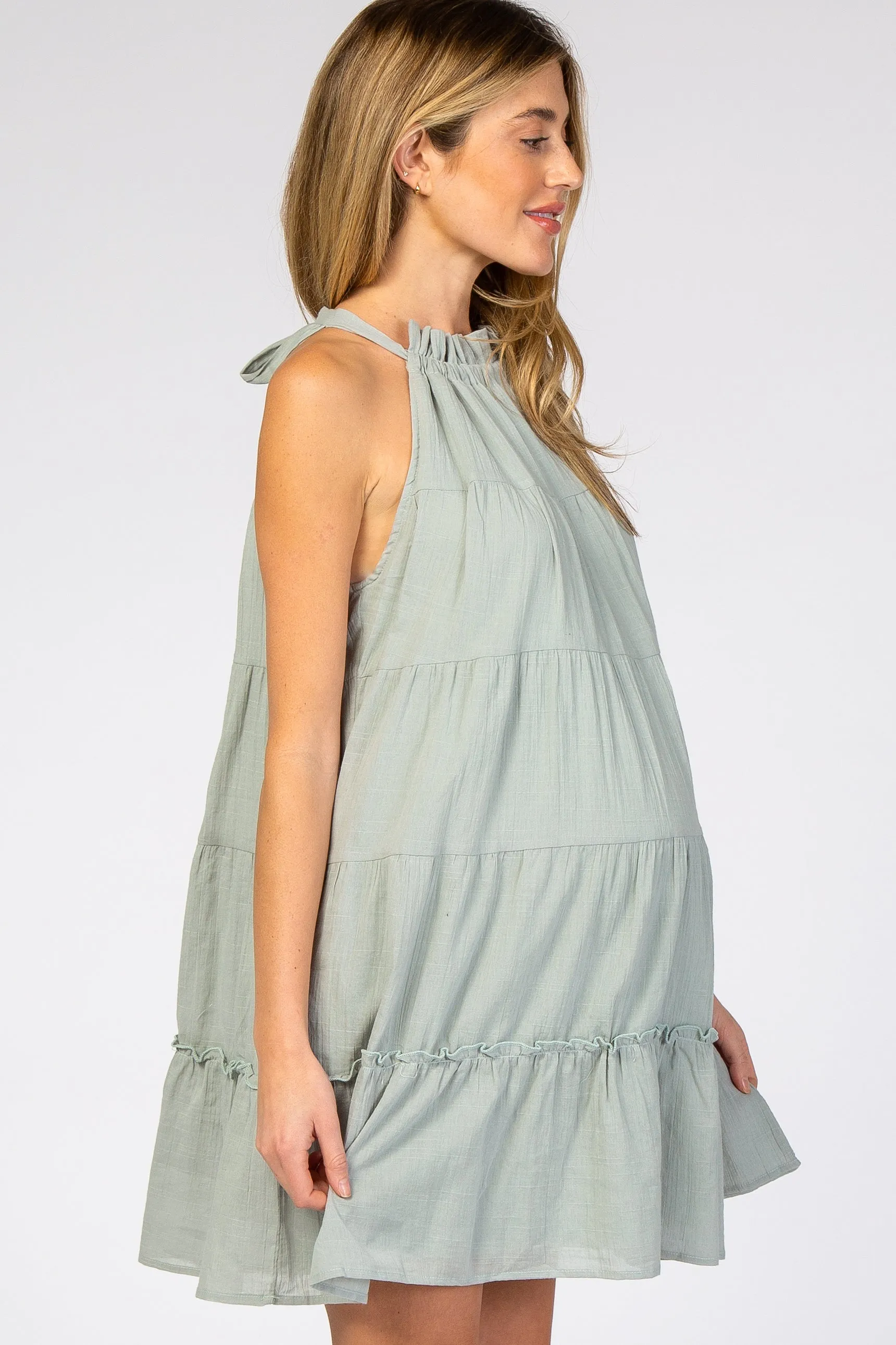 Mint Green Mock Neck Ruffle Tiered Linen Maternity Dress sold by Pinkblush product image thumbnail 2