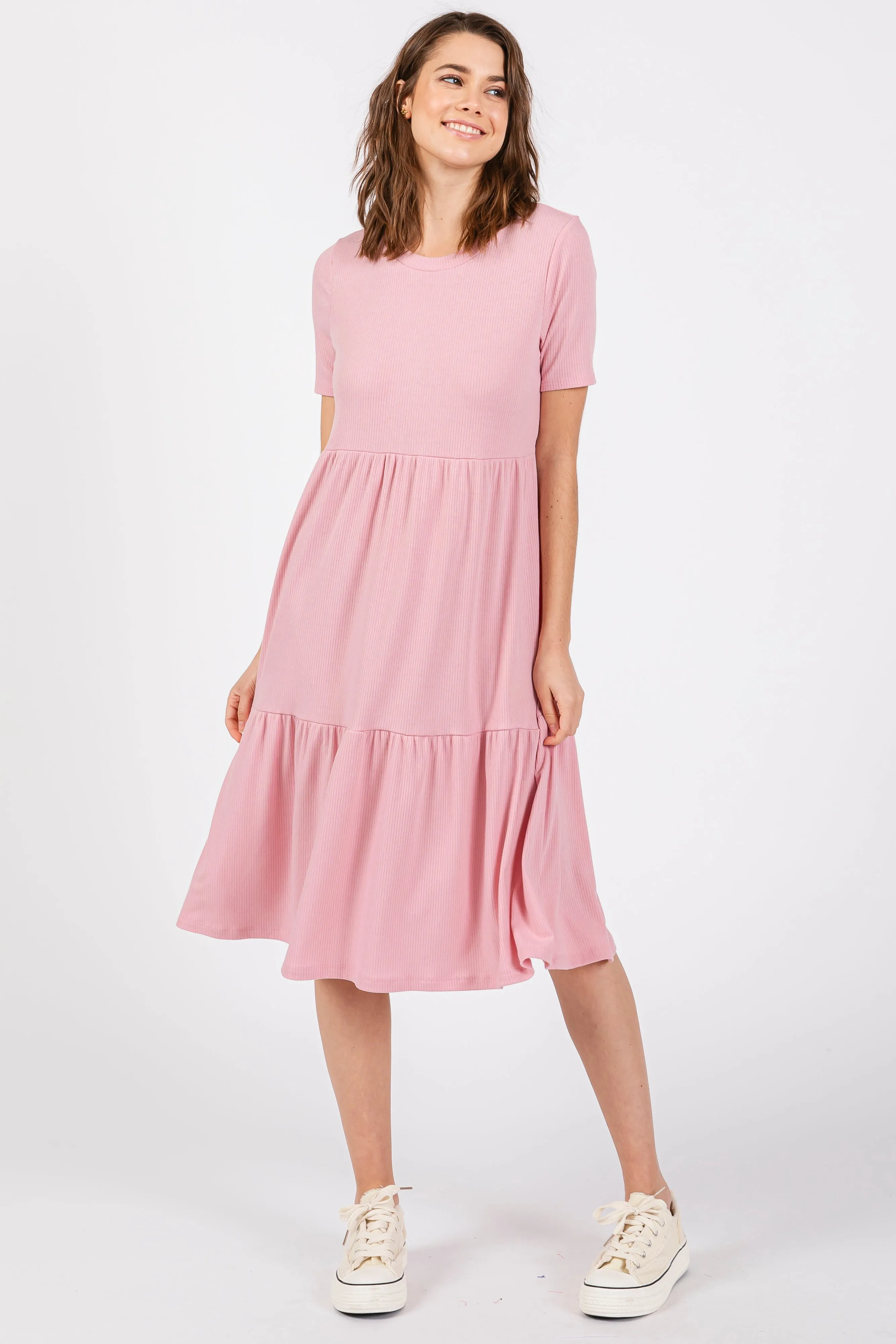Pink Ribbed Tiered Maternity Midi Dress sold by Pinkblush product image thumbnail 4